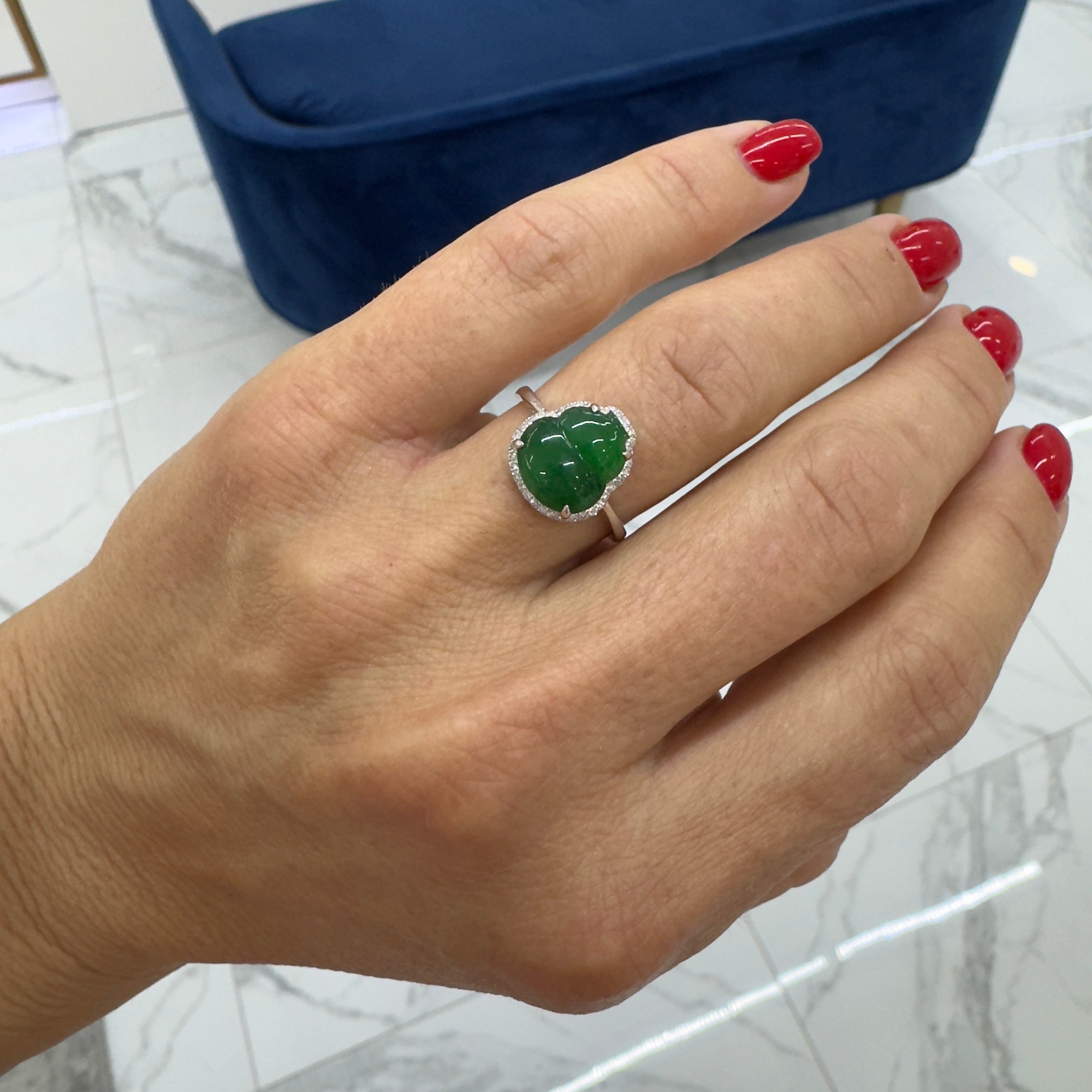 18K White Gold 3.00ct Green Burmese Jadeite Jade Diamond Cocktail Ring
