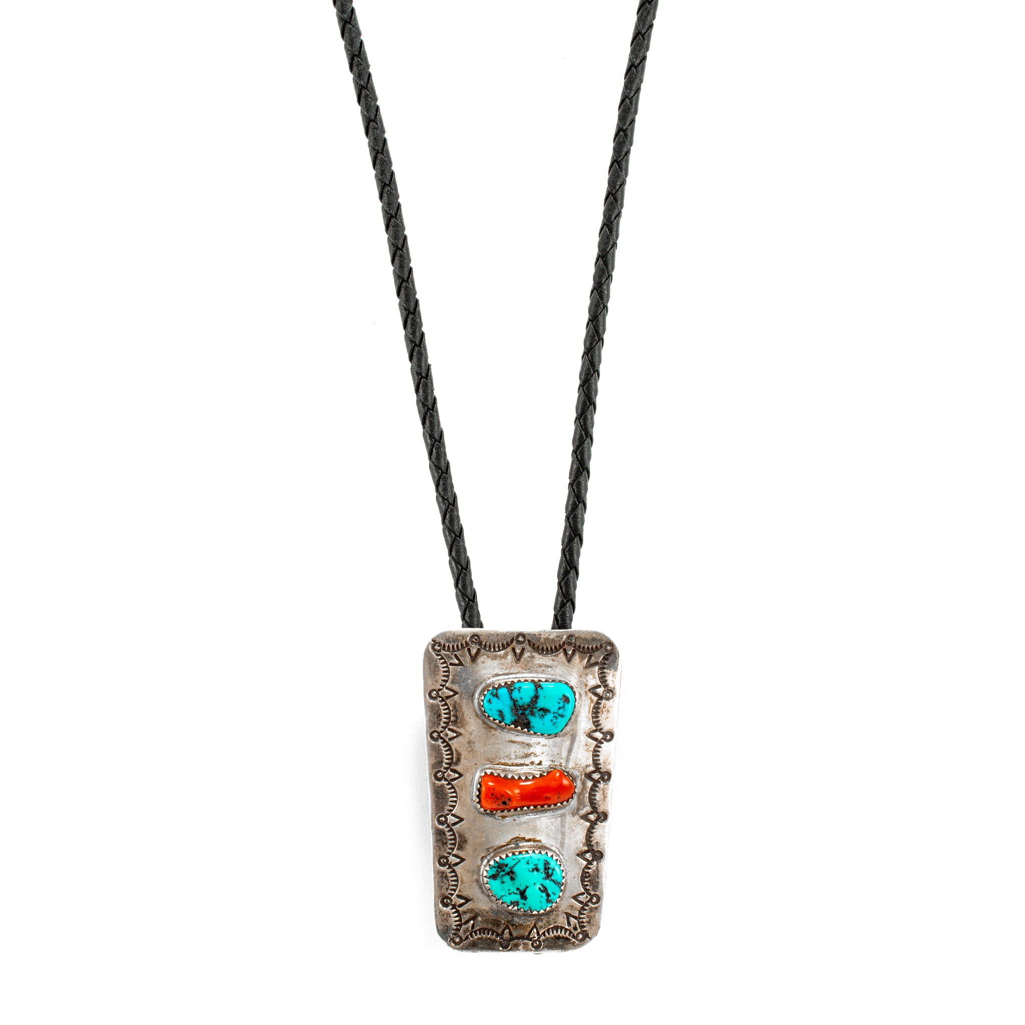 Vintage Native American Sterling Silver Turquoise Coral Snake Bolo Tie Necklace
