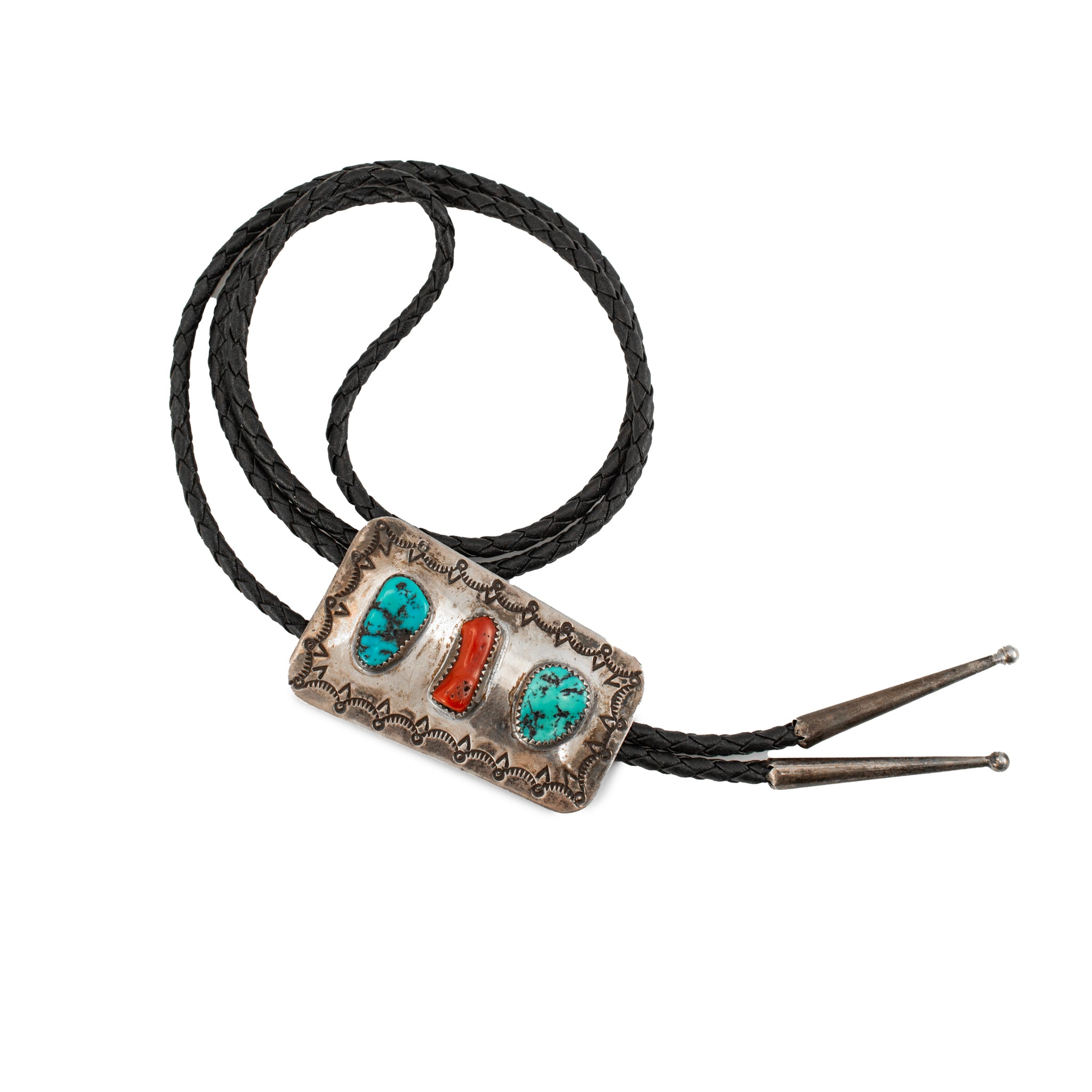 Vintage Native American Sterling Silver Turquoise Coral Snake Bolo Tie Necklace