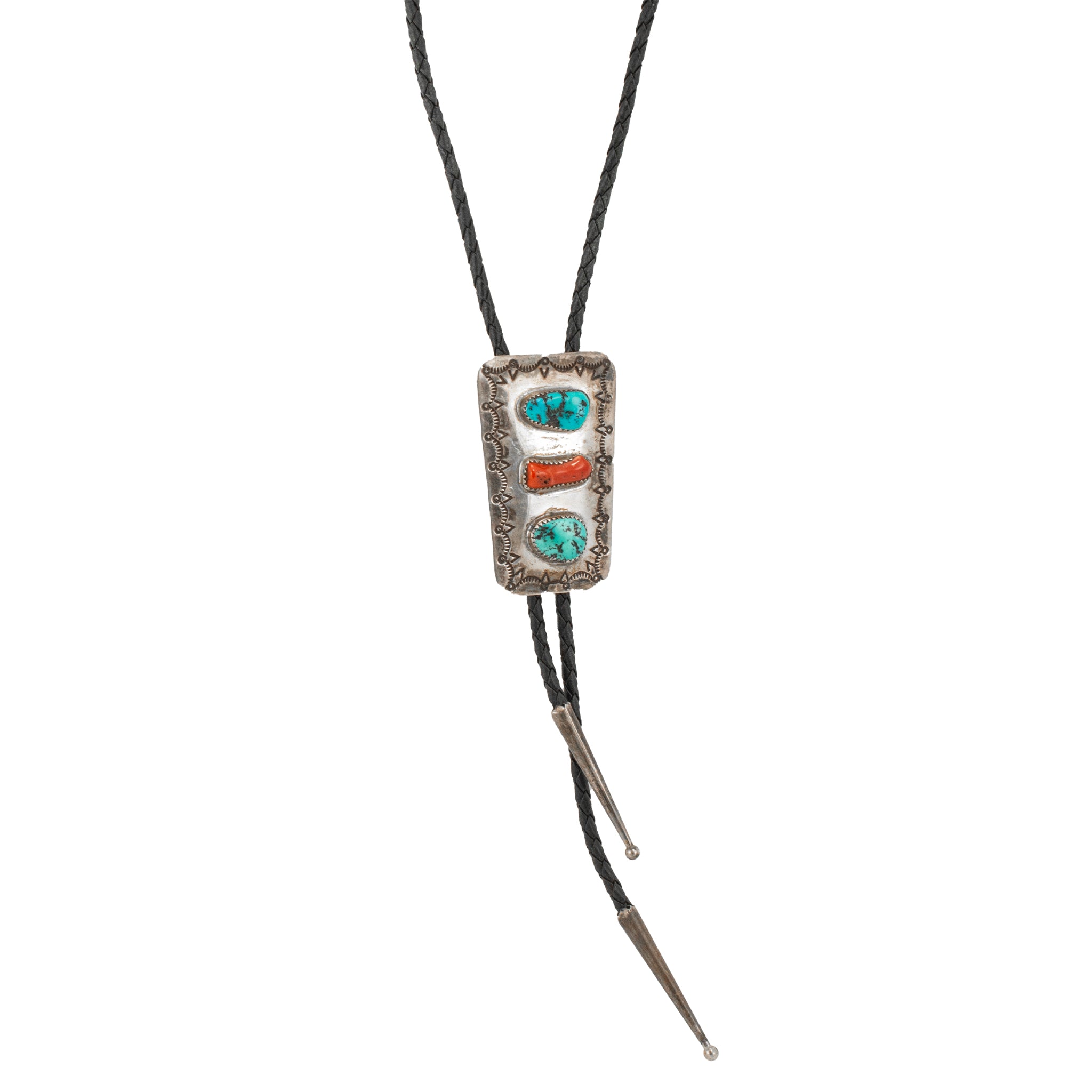 Vintage Native American Sterling Silver Turquoise Coral Snake Bolo Tie Necklace