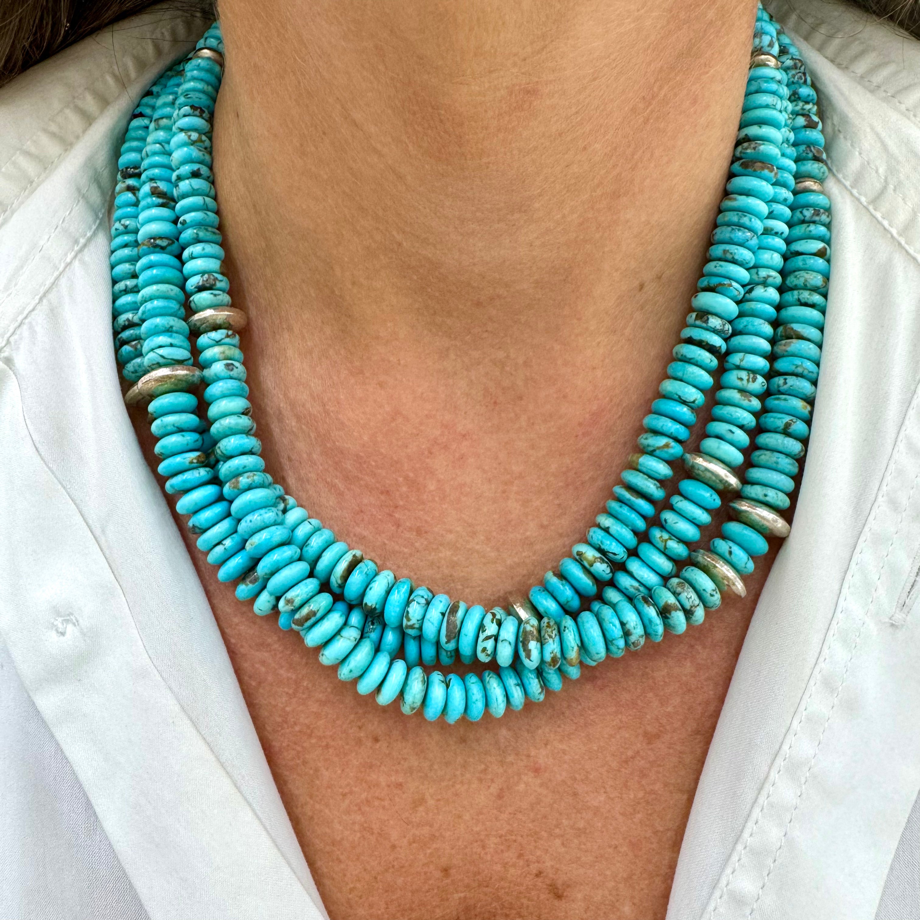 Vintage Native American Sterling Silver Turquoise Multi-Strand Bead Necklace