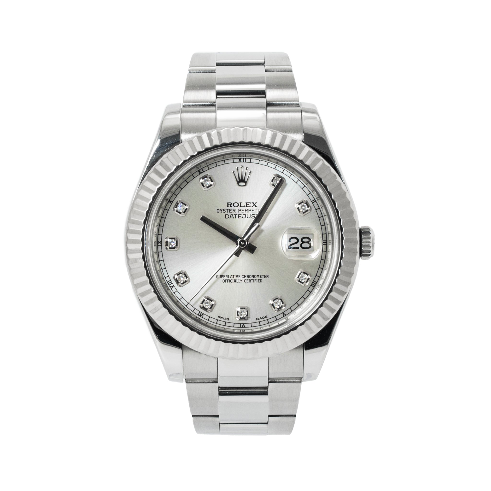 Rolex Datejust 41MM 116334 Fluted Oyster Silver Diamond Dial Steel Wat
