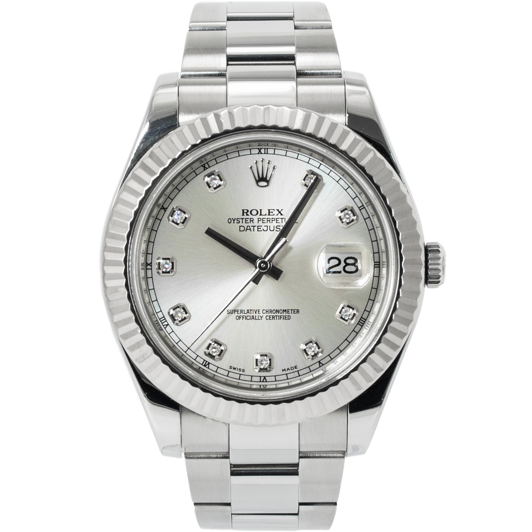 Rolex Datejust 41MM 116334 Fluted Oyster Silver Diamond Dial Steel Watch