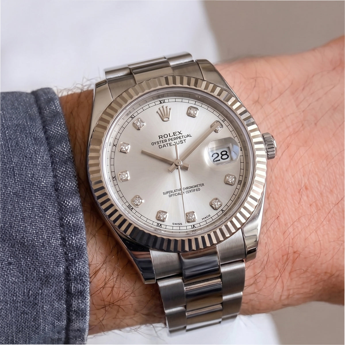 Rolex Datejust 41MM 116334 Fluted Oyster Silver Diamond Dial Steel Watch