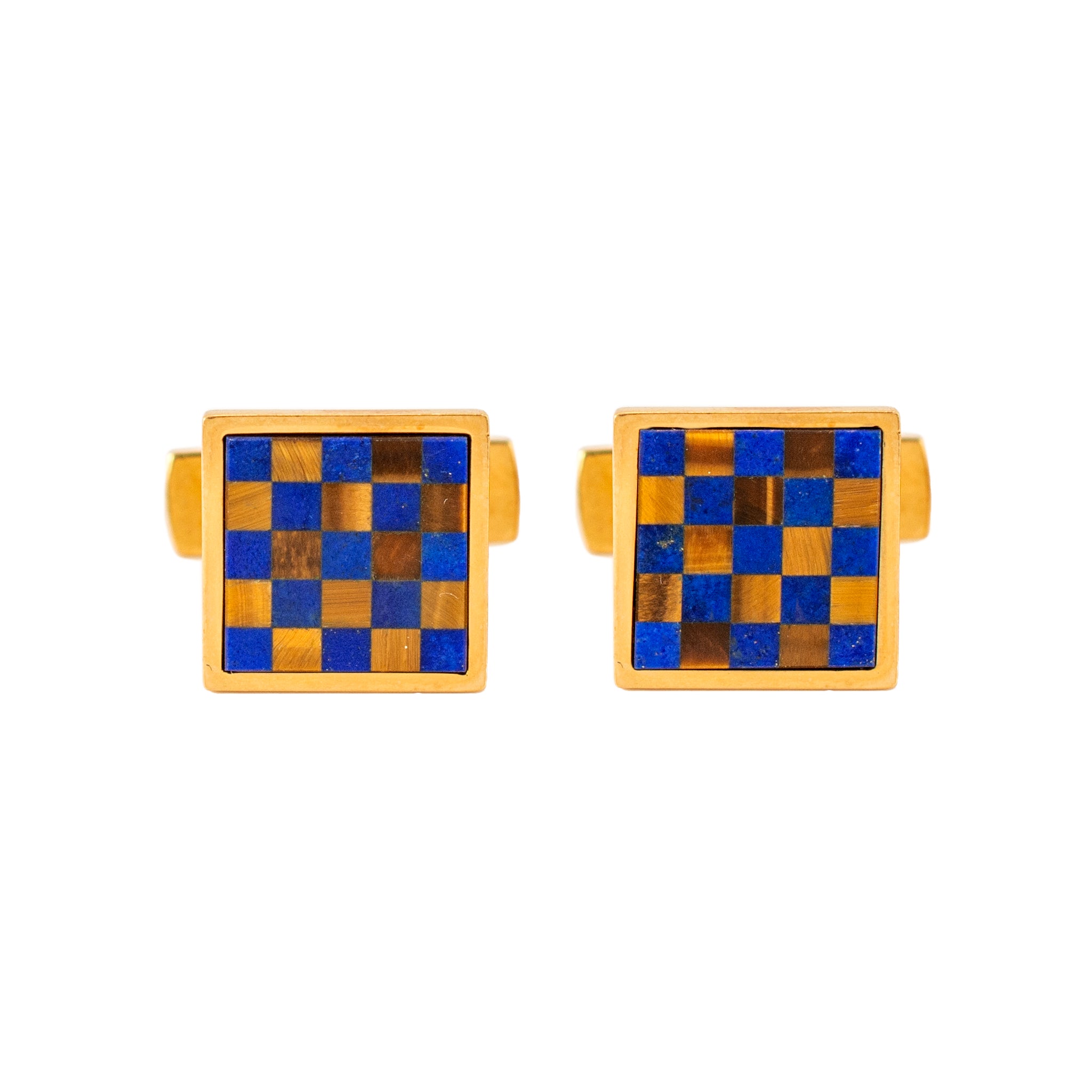 Men's Vintage Bvlgari 18K Gold Blue Lapis Brown Tiger’s Eye Checkers Cufflinks