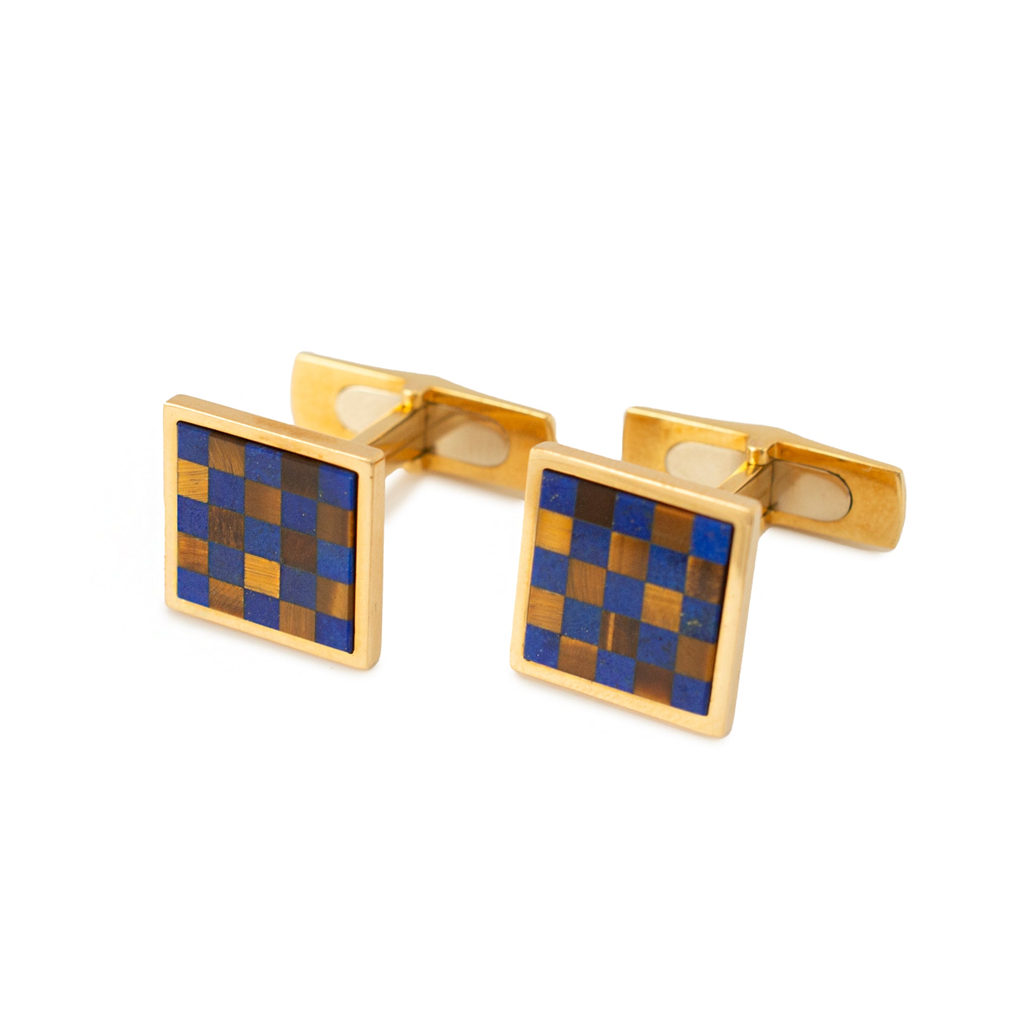 Men's Vintage Bvlgari 18K Gold Blue Lapis Brown Tiger’s Eye Checkers Cufflinks