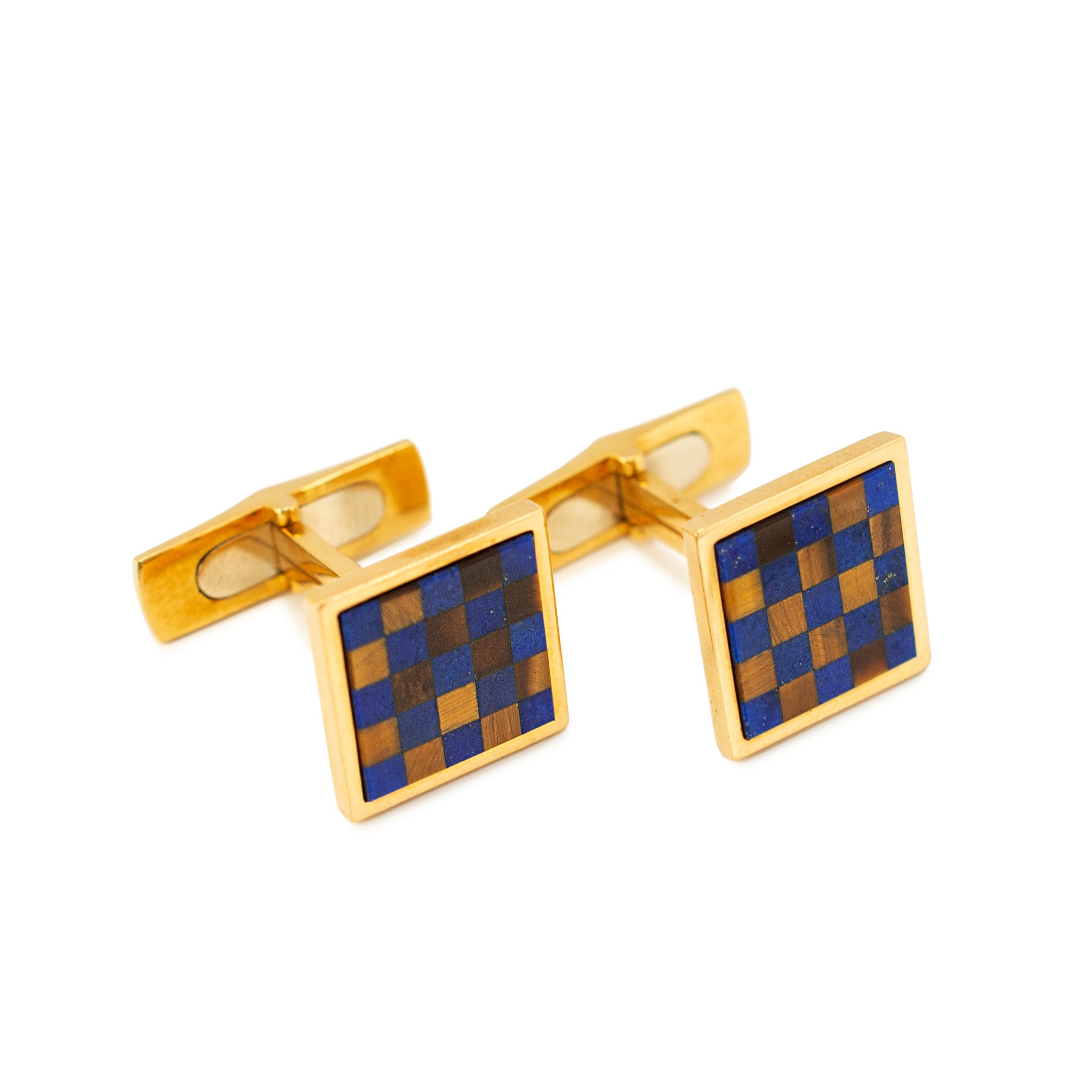Men's Vintage Bvlgari 18K Gold Blue Lapis Brown Tiger’s Eye Checkers Cufflinks
