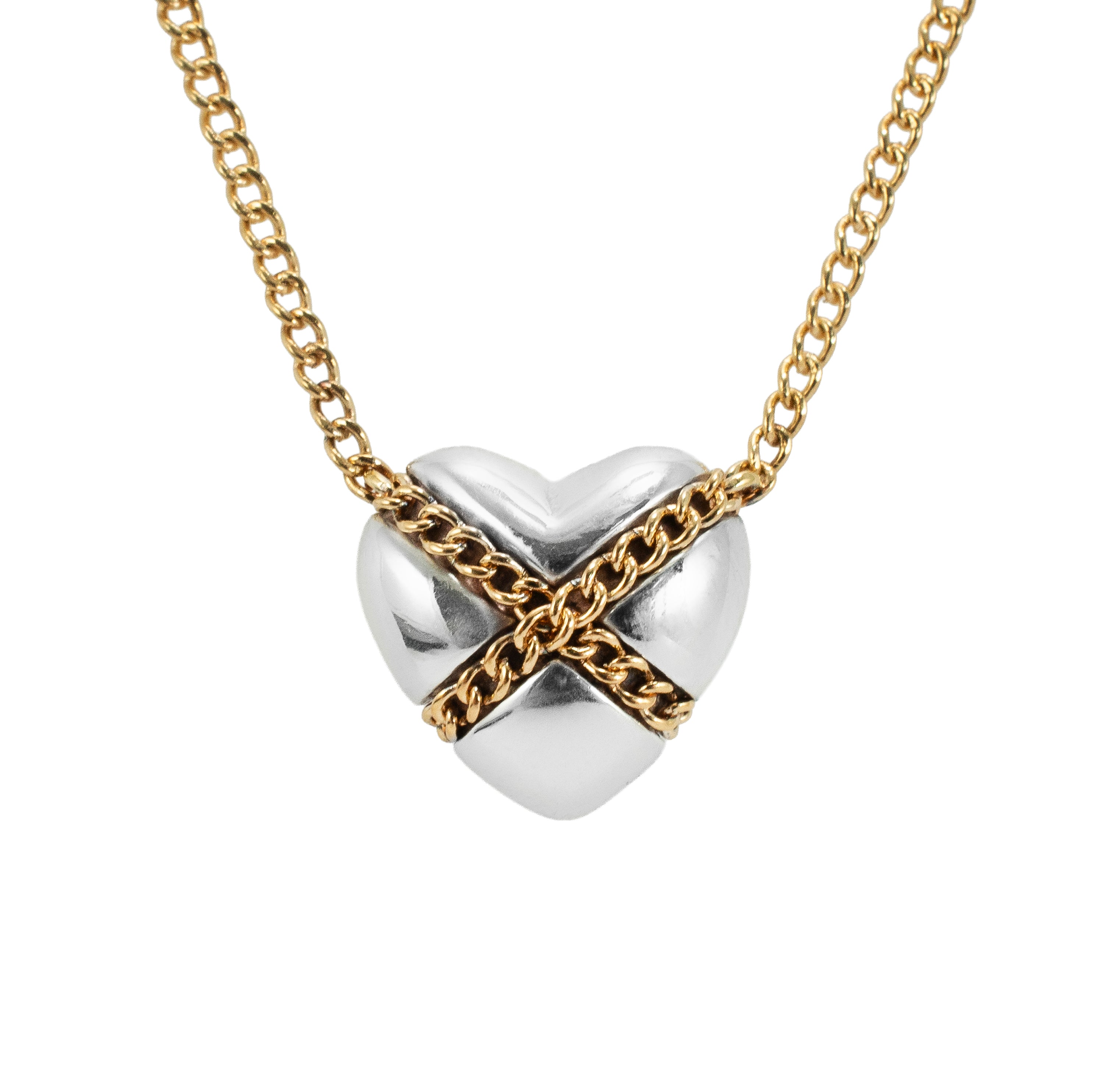 Tiffany & Co. Cross My Heart 18K Yellow Gold Silver Two-Tone Pendant Necklace