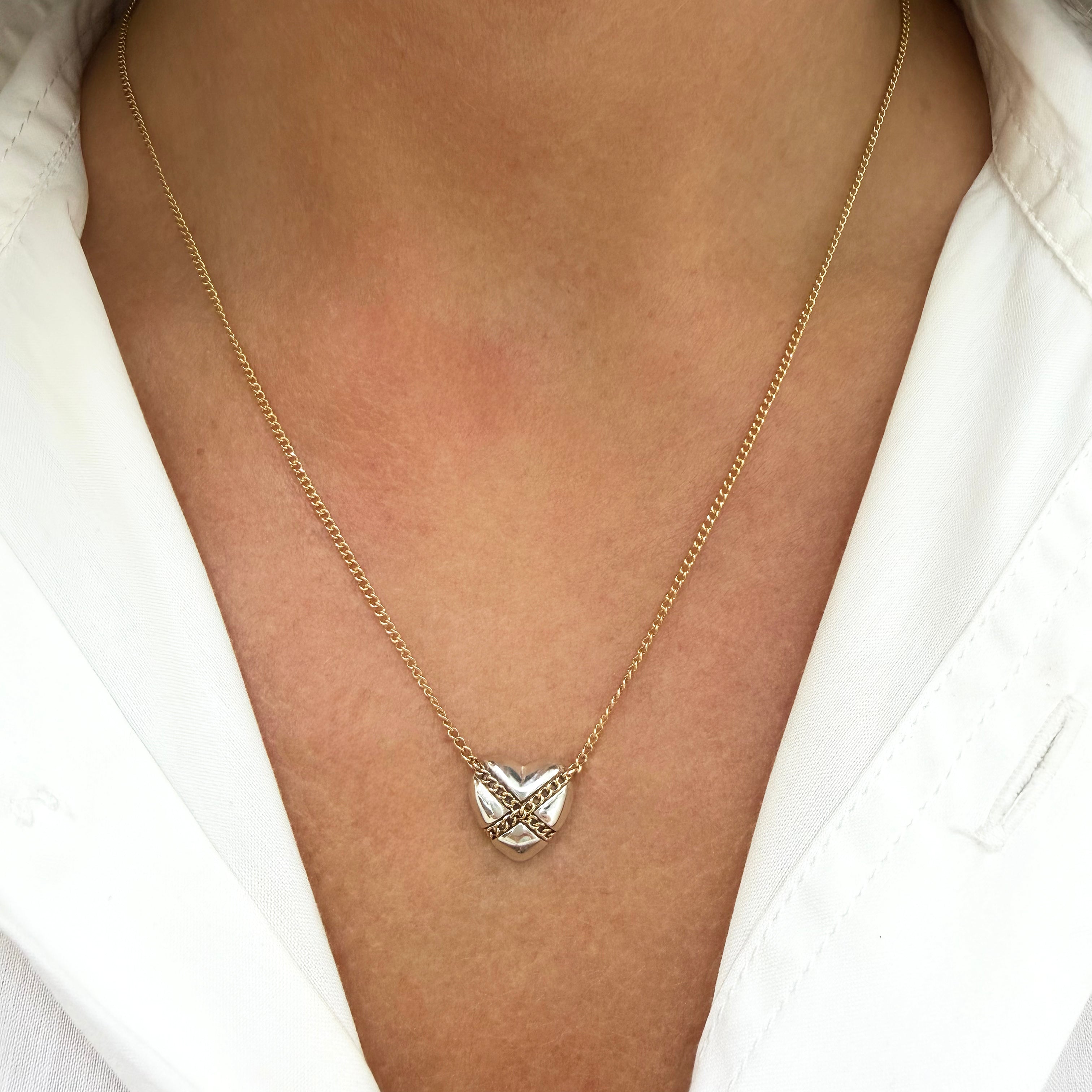 Tiffany & Co. Cross My Heart 18K Yellow Gold Silver Two-Tone Pendant Necklace