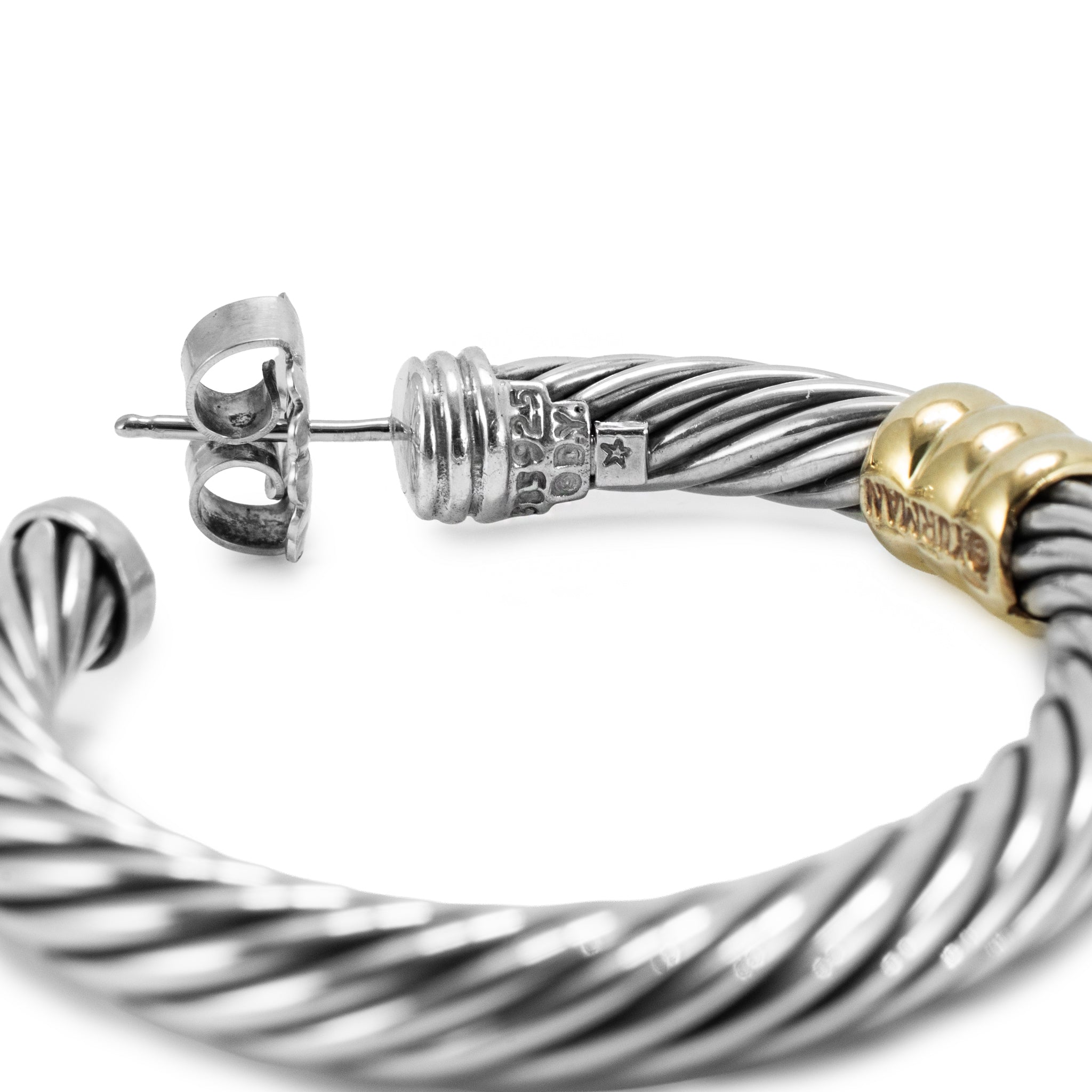 Vintage David Yurman 14K Yellow Gold 925 Silver Two-Tone Metro Hoop Earrings