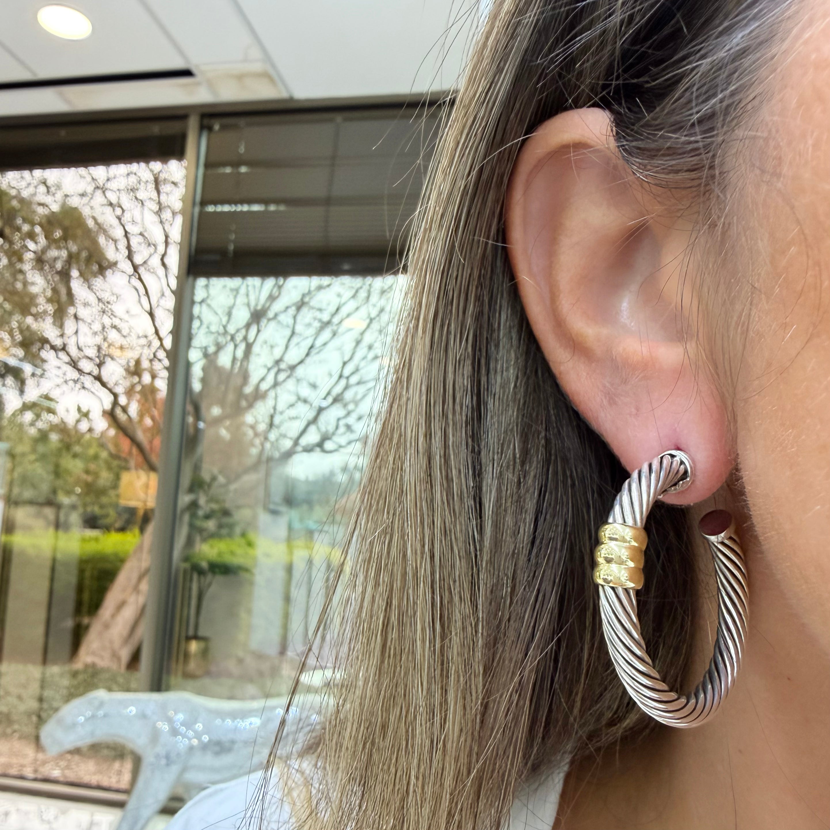 Vintage David Yurman 14K Yellow Gold 925 Silver Two-Tone Metro Hoop Earrings