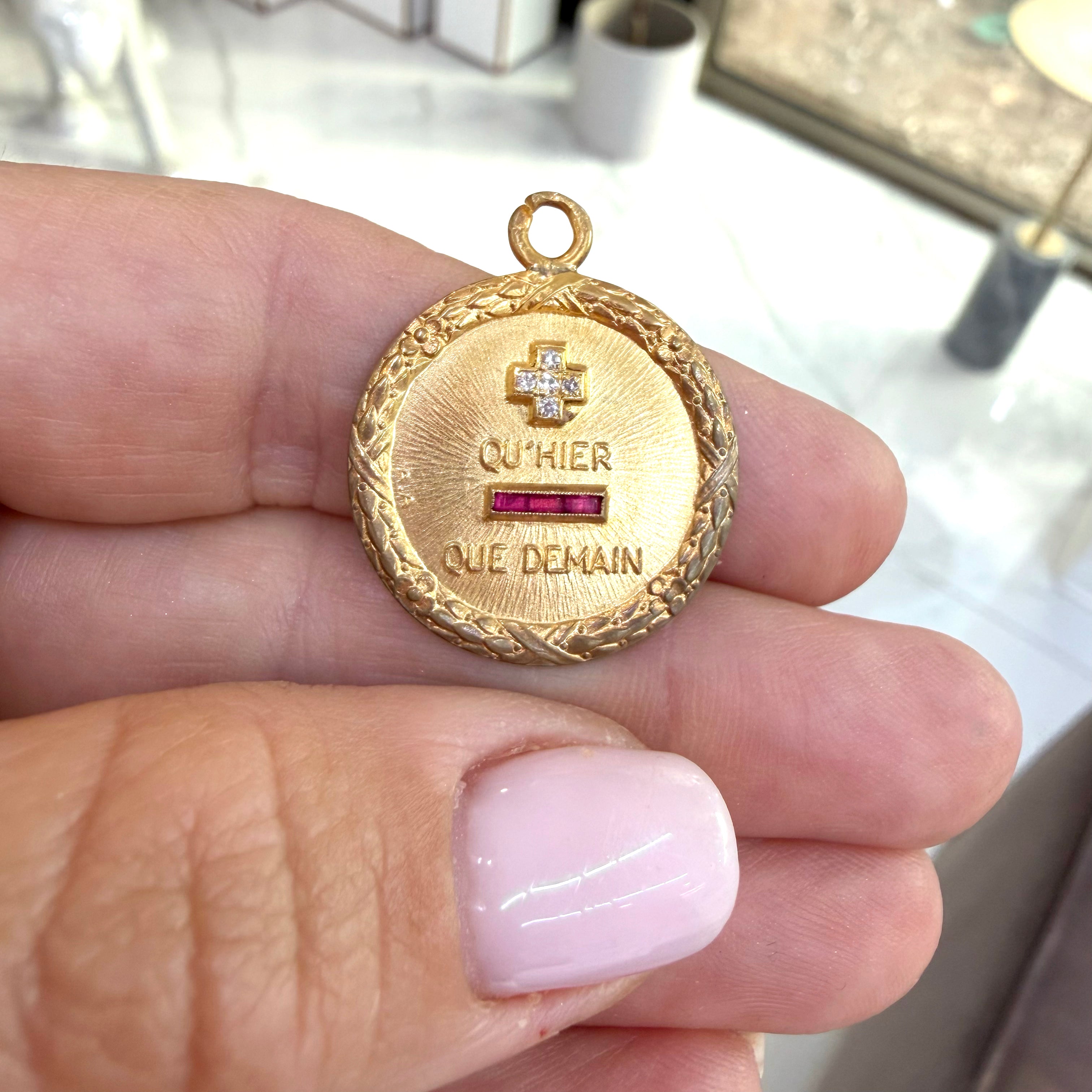 Vintage Cartier French Augis Love Medal 18K Gold Diamond Ruby Charm Pendant