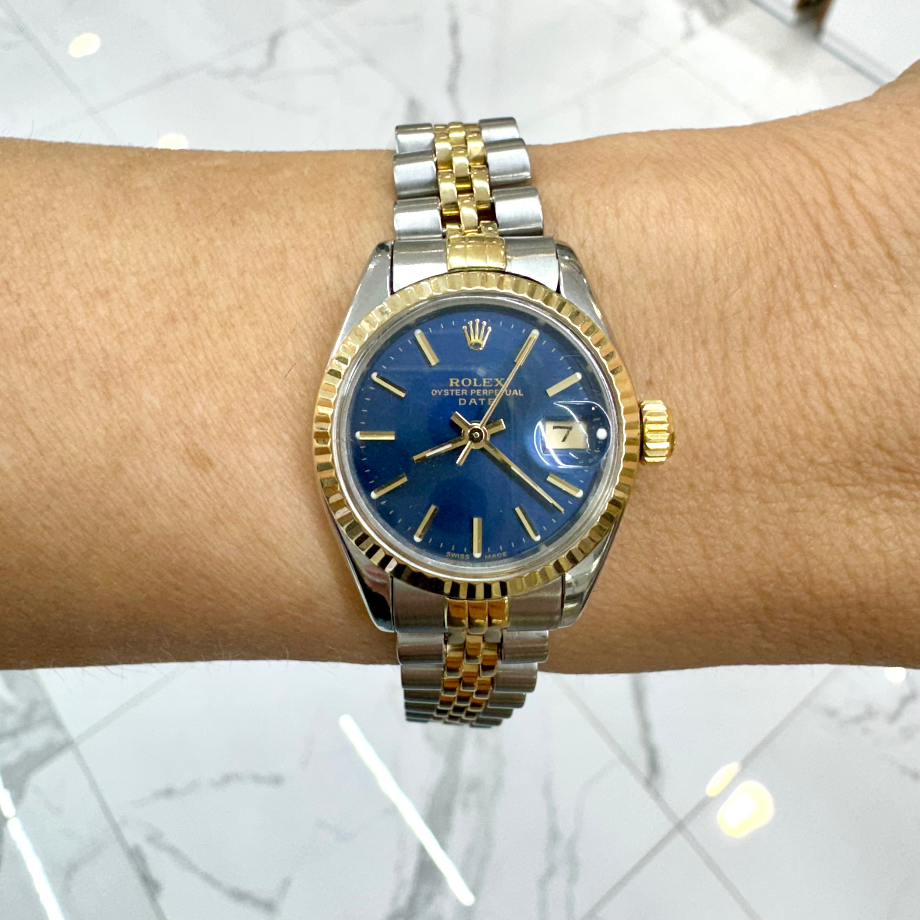 Rolex Oyster Perpetual Lady Date 26MM 6917 Blue Dial Jubilee Gold Steel Watch