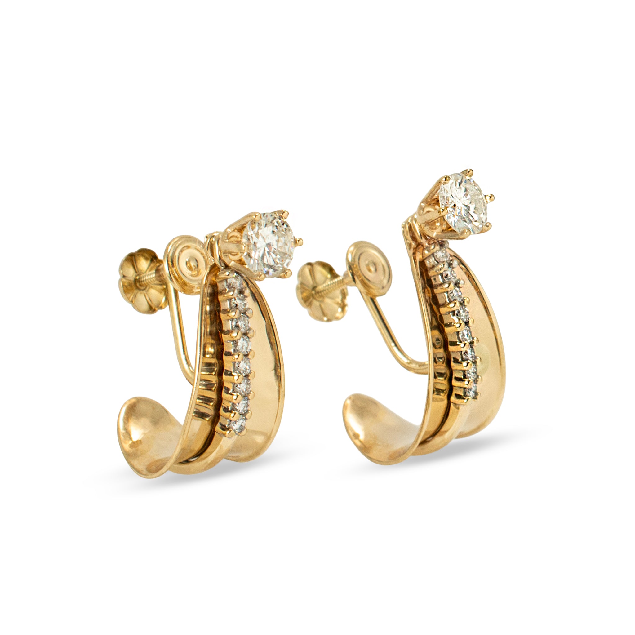 Vintage 14K Yellow Gold 1.43ct Diamond Stud Heggie Clip Dangle J Hoops Earrings