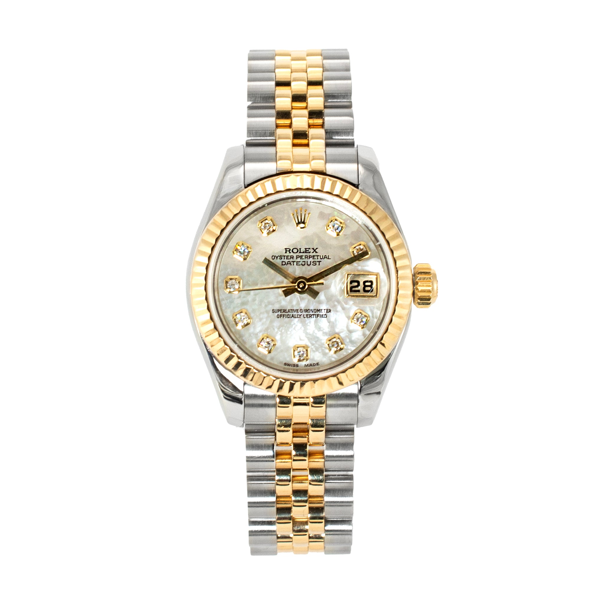 Rolex Ladies Datejust 26MM 179173 Mop Diamond Bezel Jubilee Gold Steel Watch
