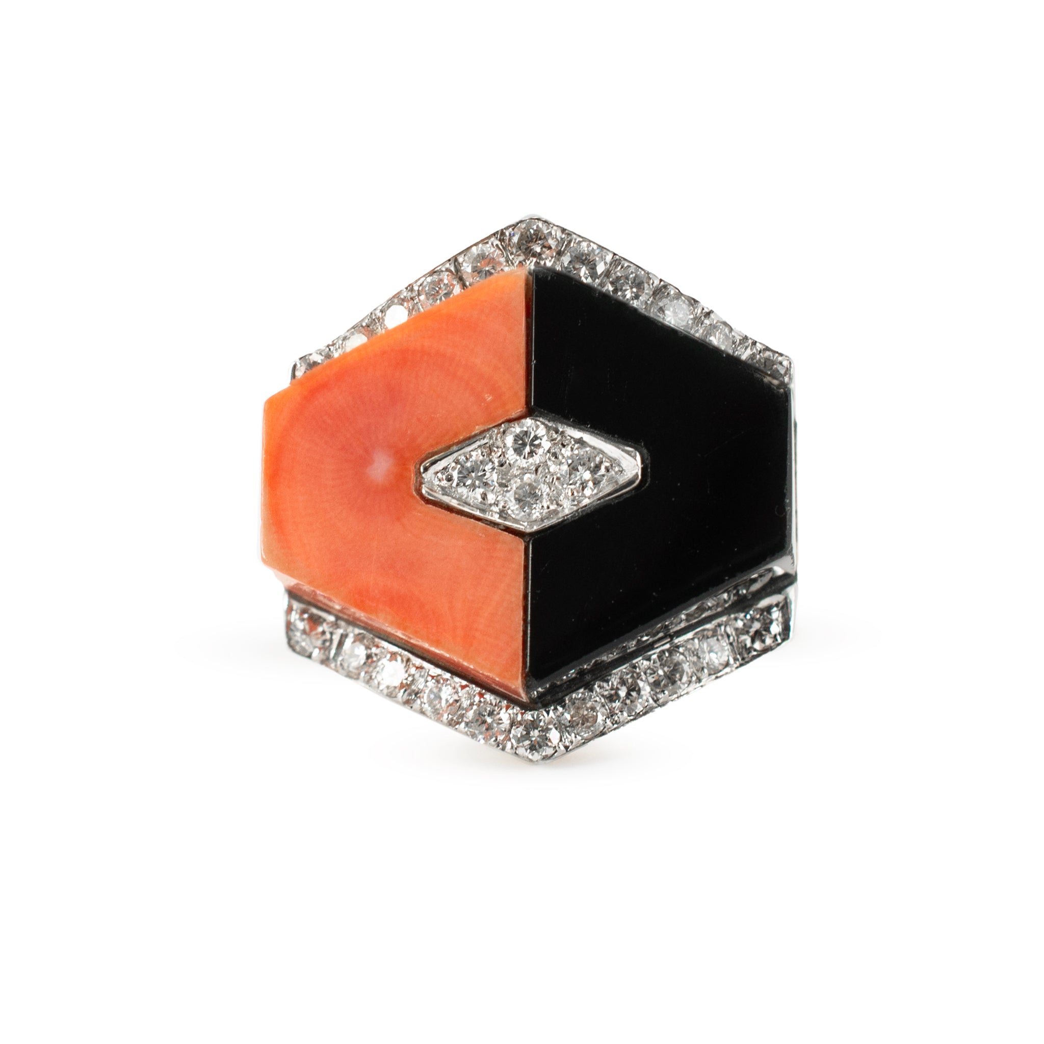 Vintage Ladies 14K Yellow Gold Coral Onyx Diamond Geometric Cocktail Ring