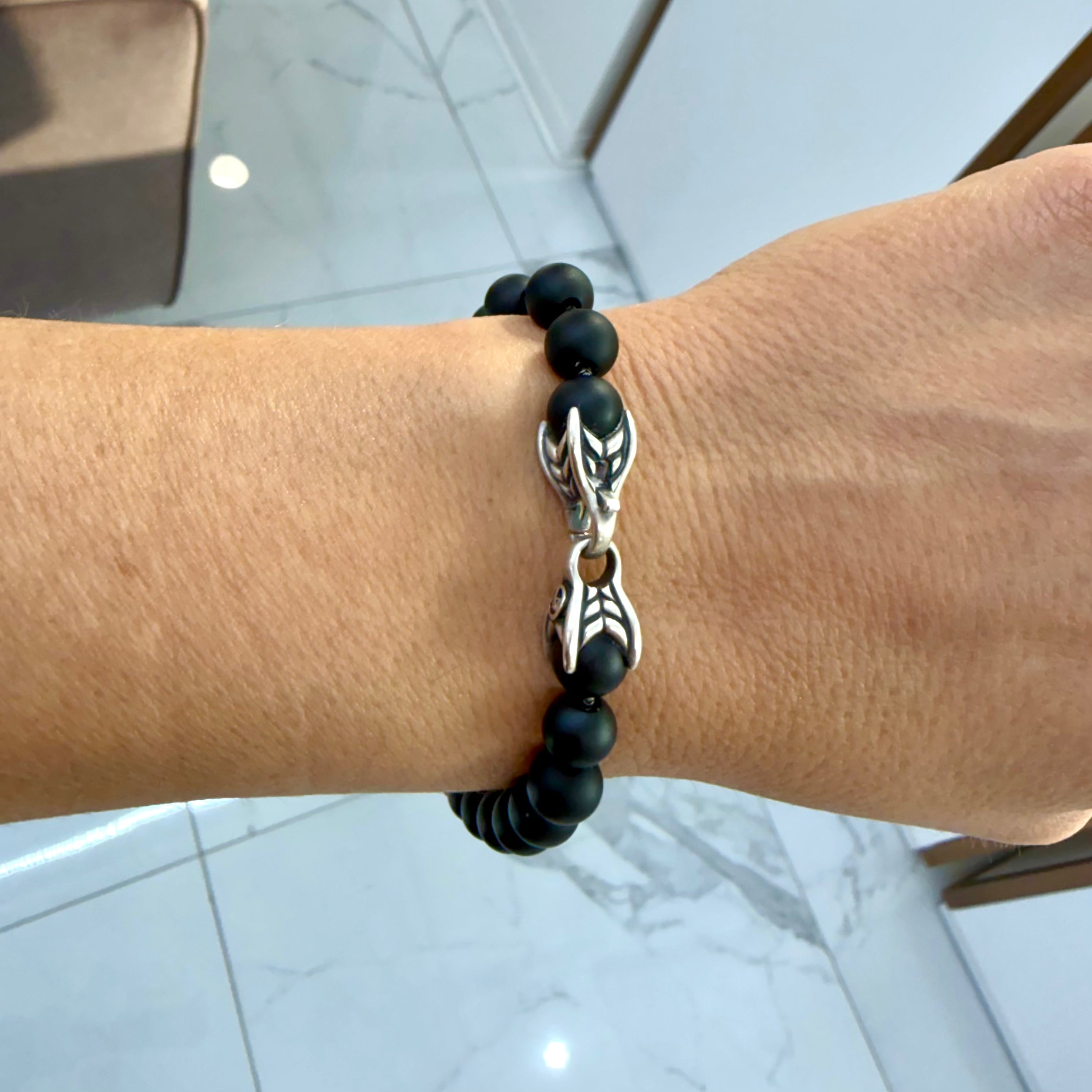 Men’s David Yurman Sterling Silver 8MM Black Onyx Spiritual Beads Link Bracelet
