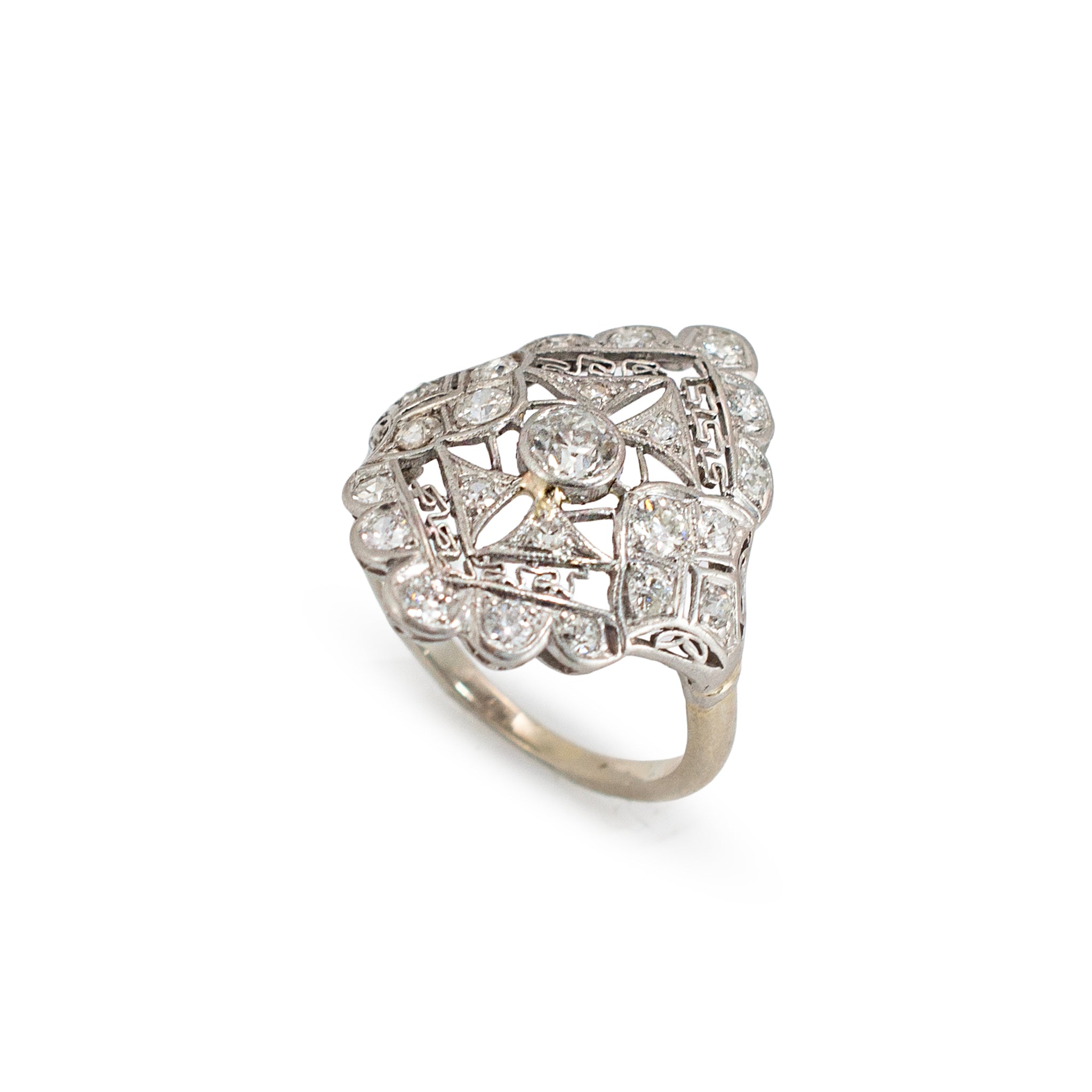 Antique Edwardian Platinum 14K White Gold 1.09ct Diamond Filigree Cocktail Ring