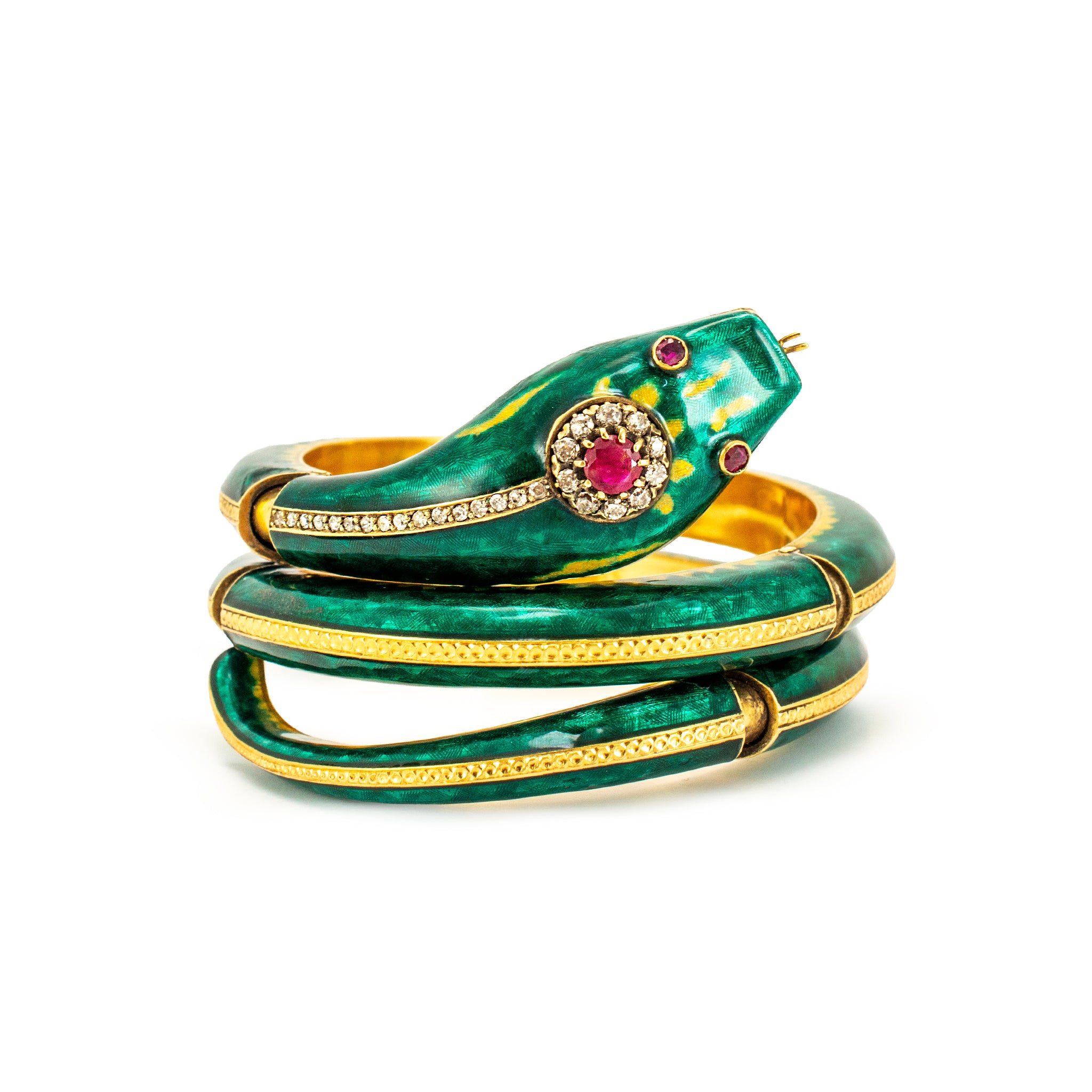 Vintage 18K Gold Old Diamond Ruby Green Enamel Snake Serpent Bangle Bracelet