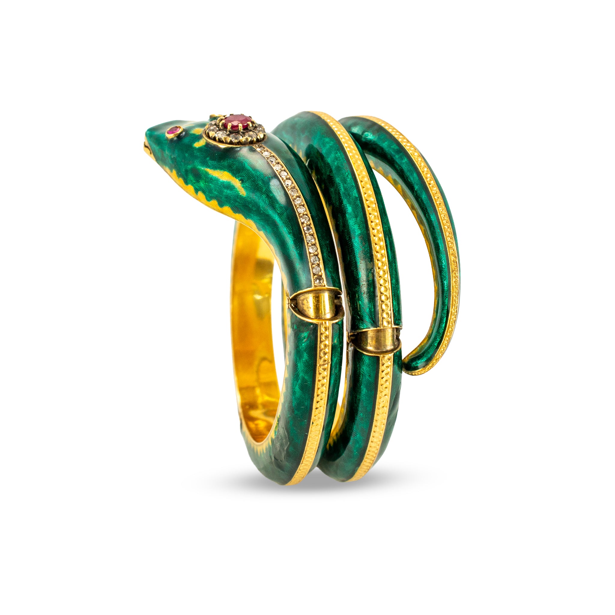 Vintage 18K Gold Old Diamond Ruby Green Enamel Snake Serpent Bangle Bracelet
