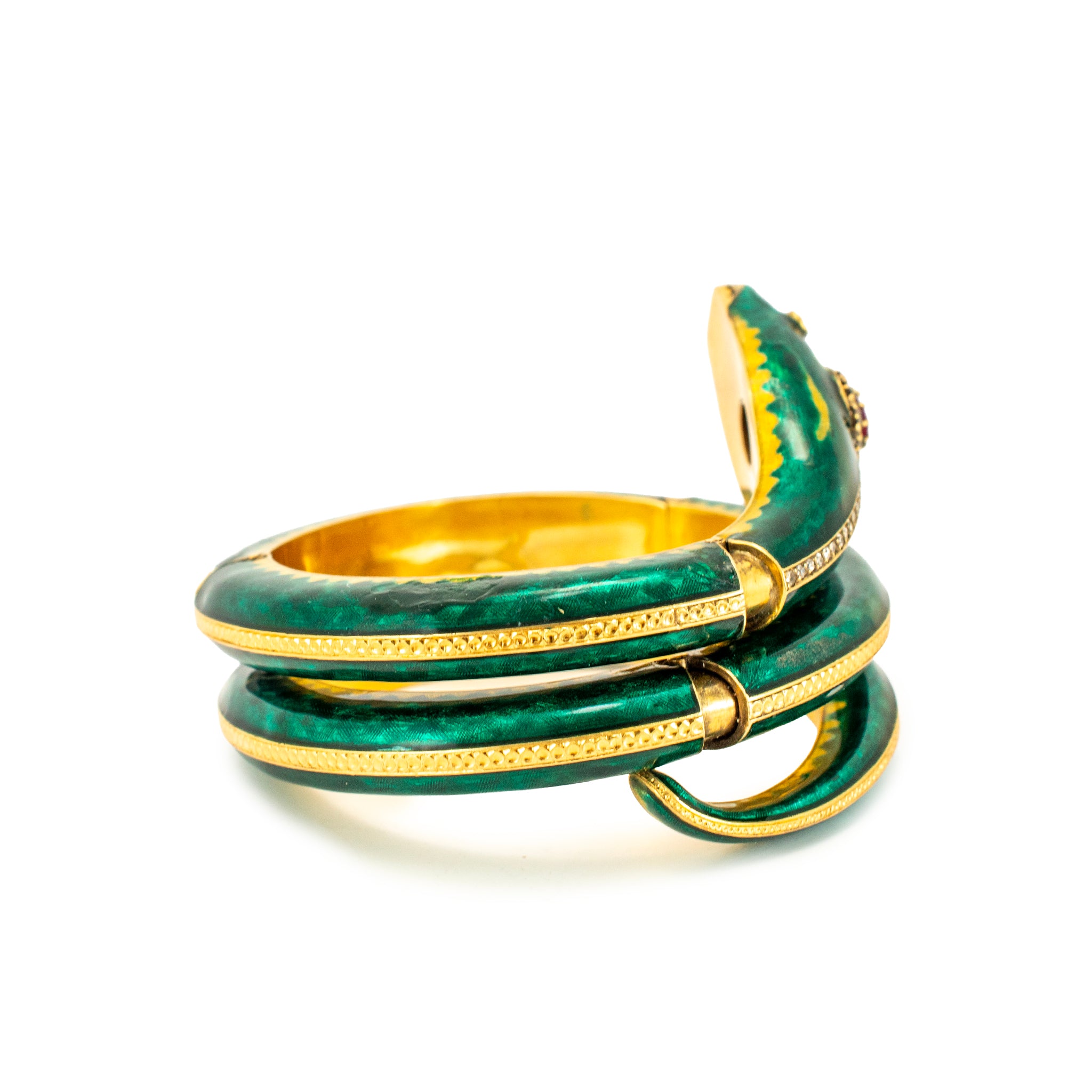 Vintage 18K Gold Old Diamond Ruby Green Enamel Snake Serpent Bangle Bracelet