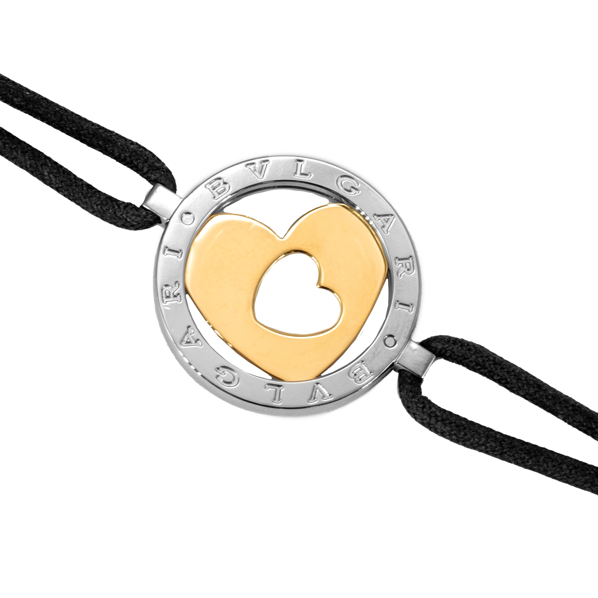 Bvlgari Tondo 18K Yellow Gold Steel Black Leather Two Tone Heart Bracelet