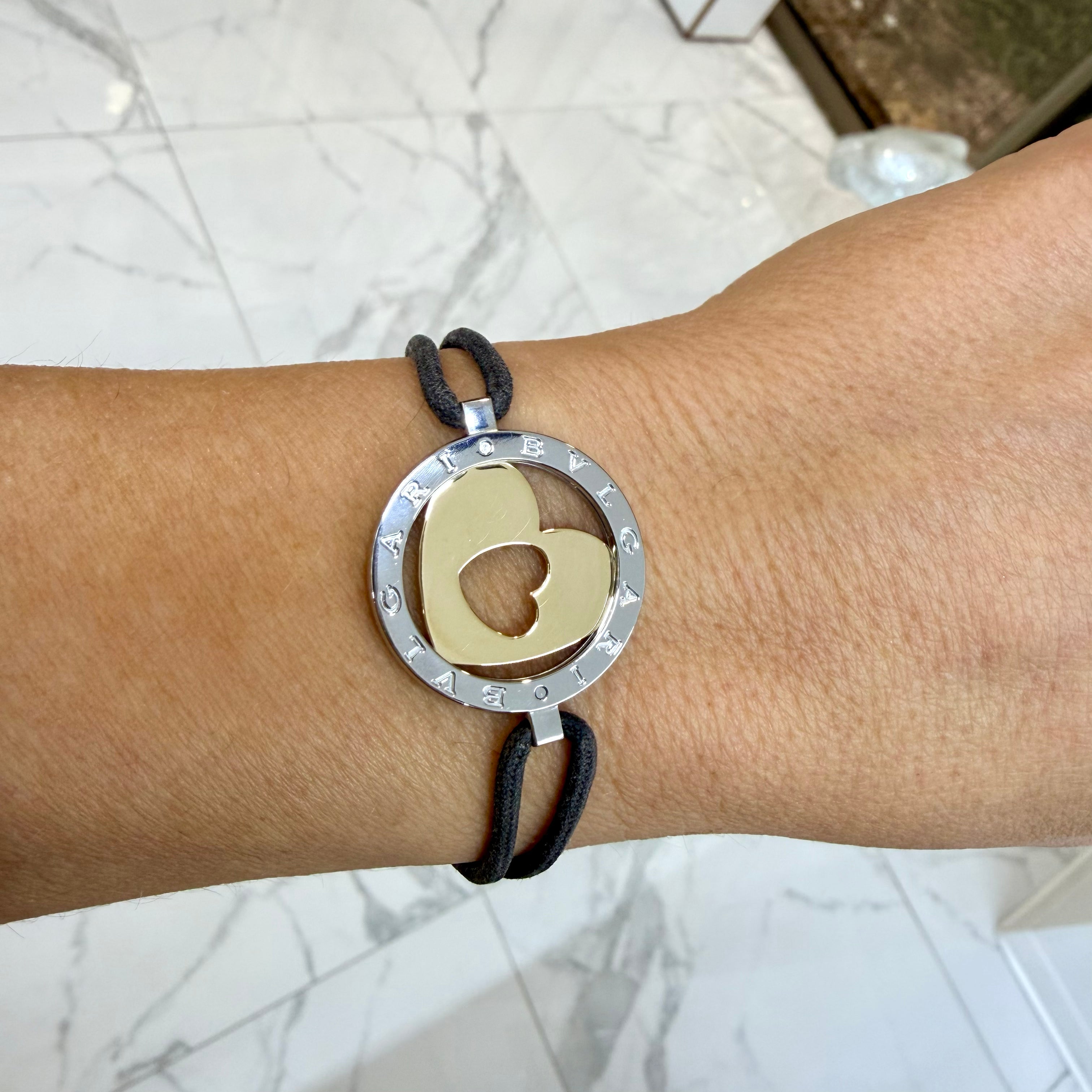 Bvlgari Tondo 18K Yellow Gold Steel Black Leather Two Tone Heart Bracelet