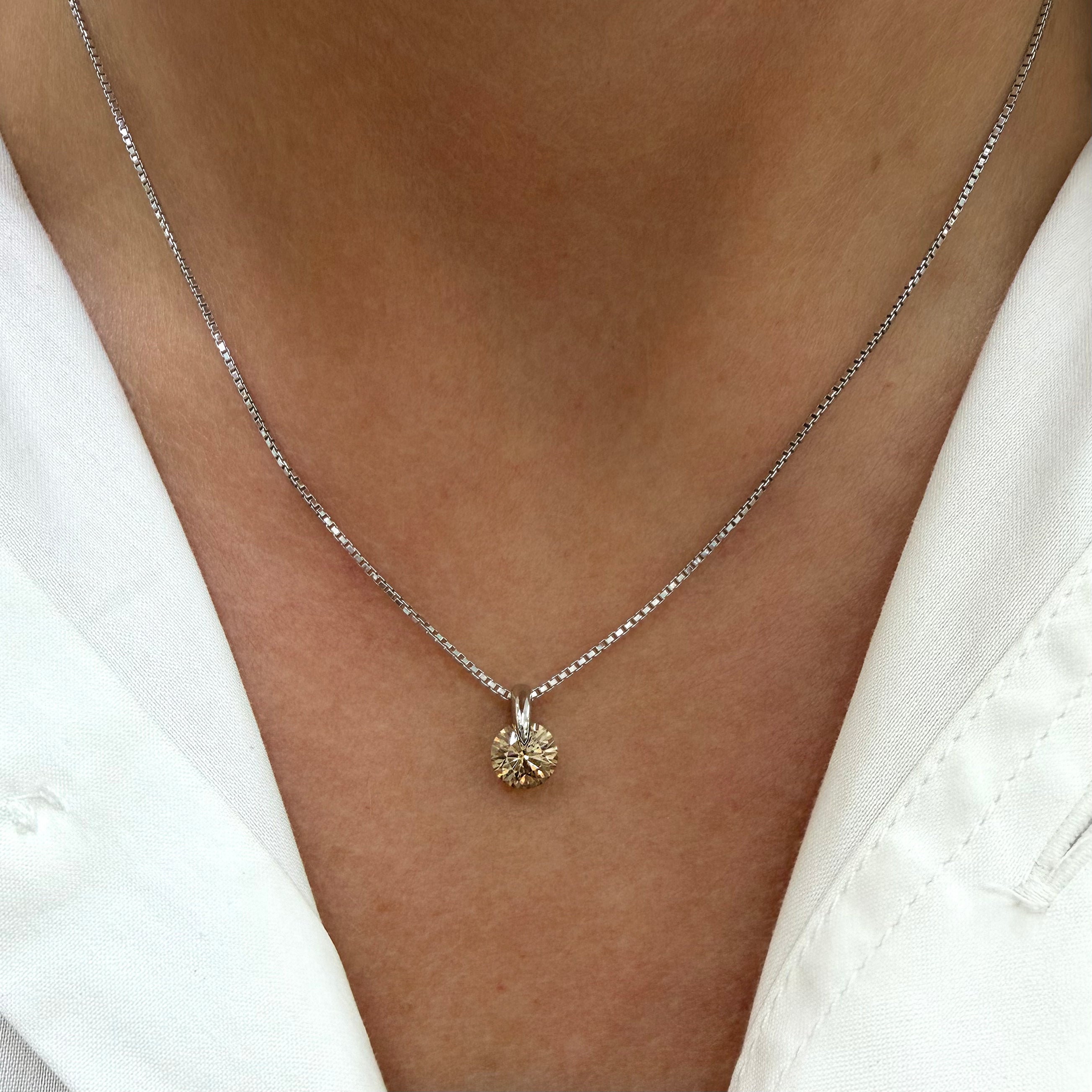 Platinum 0.96ct Round Chocolate Champagne Diamond Solitaire Pendant Necklace