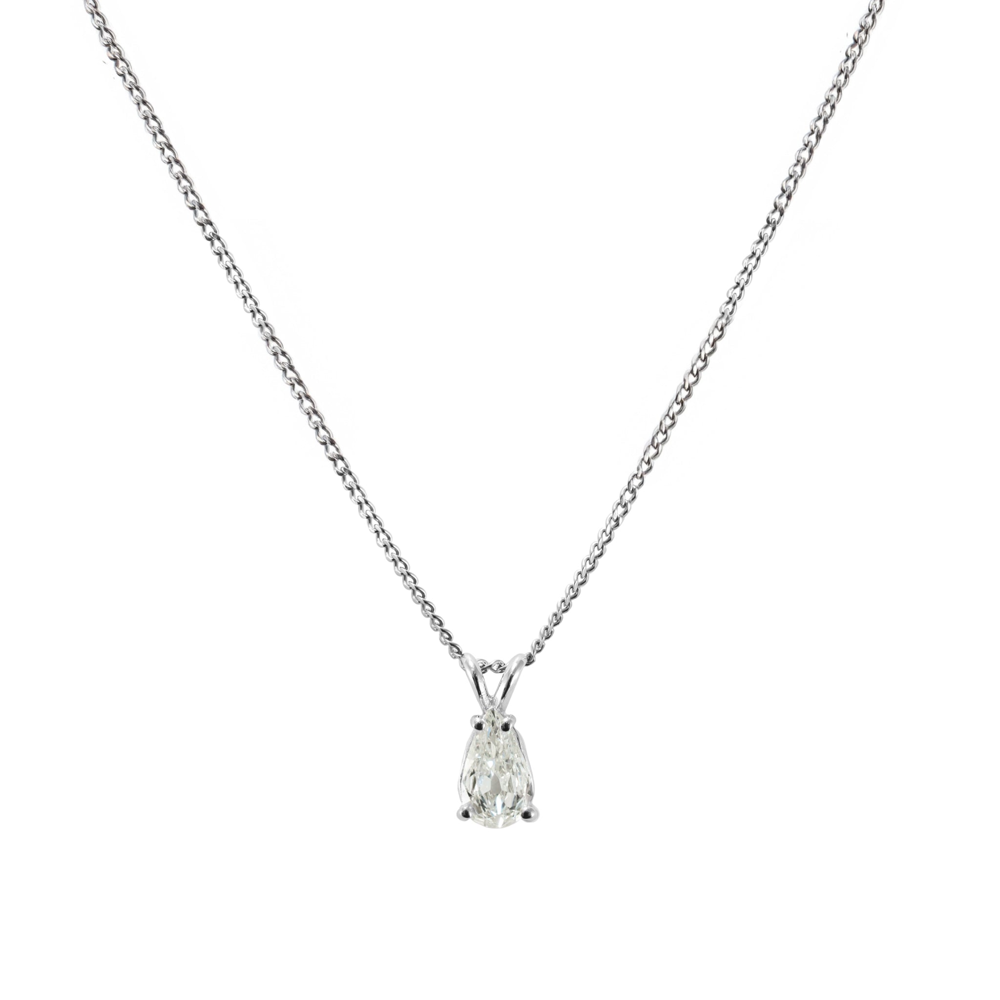 14K White Gold Antique Cut 0.50ct Pear Shape Diamond Solitaire Pendant Necklace
