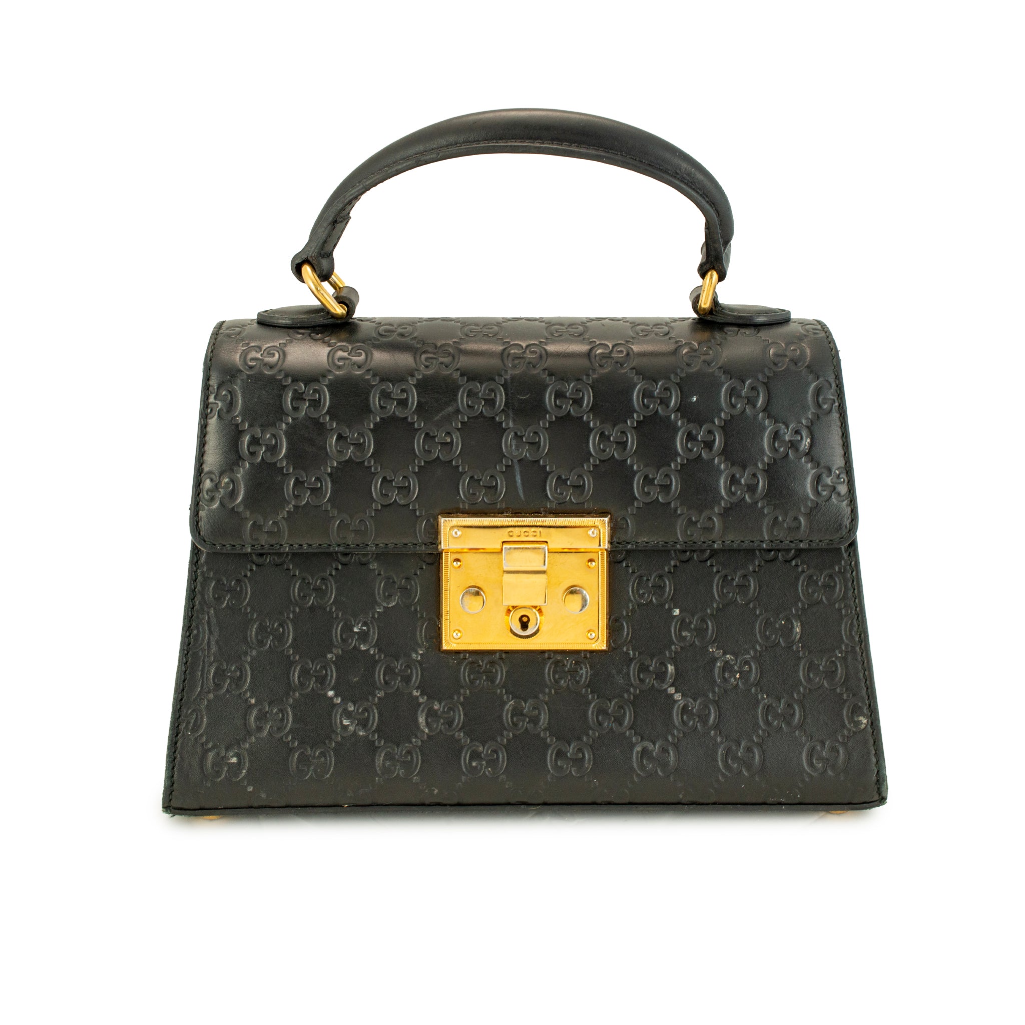 Gucci Gg Signature Black Gold-Hardware Padlock Top Handle Bag