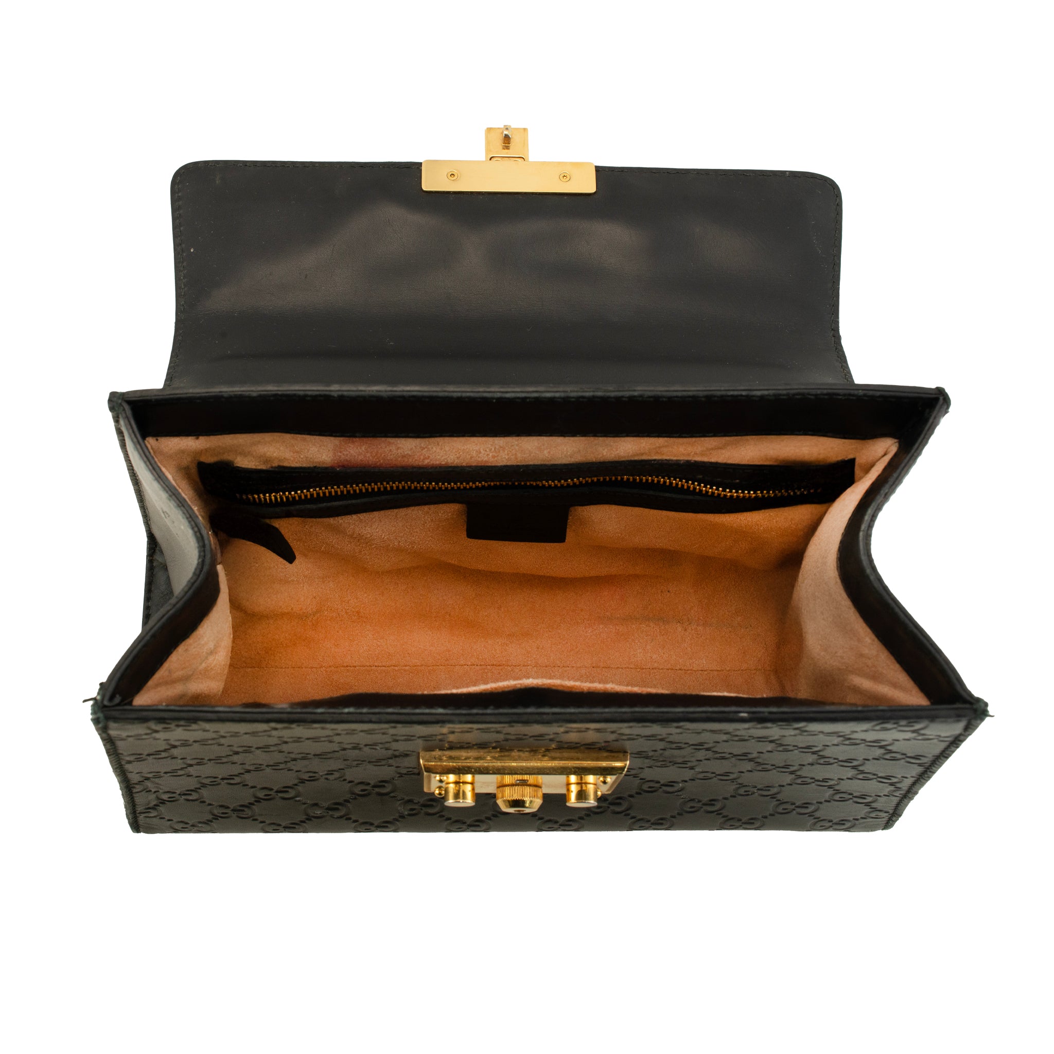 Gucci Gg Signature Black Gold-Hardware Padlock Top Handle Bag