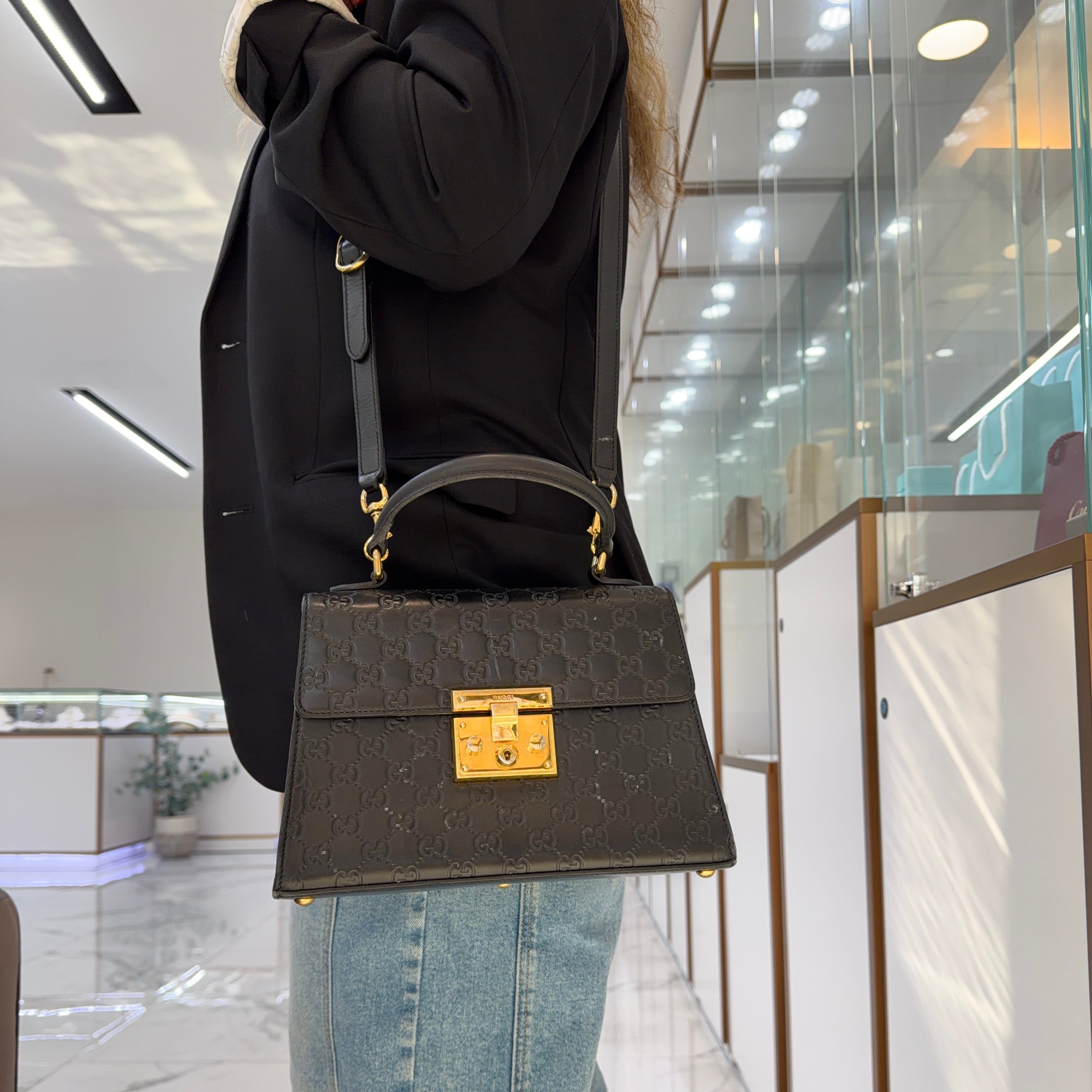 Gucci Gg Signature Black Gold-Hardware Padlock Top Handle Bag