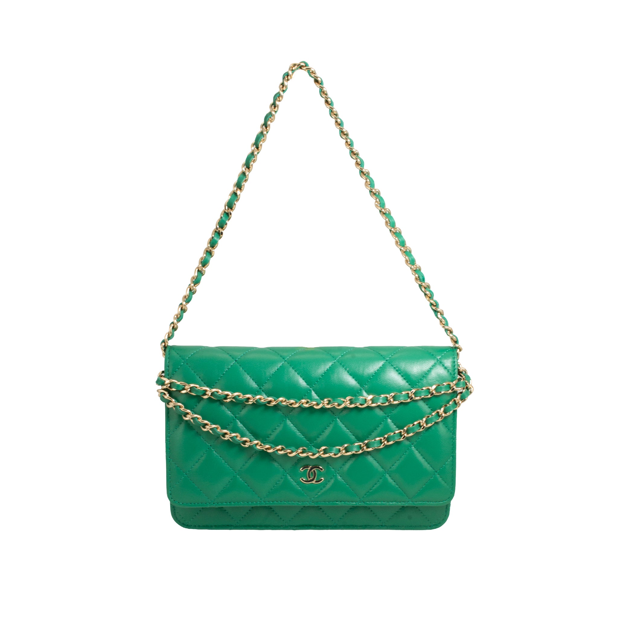 Chanel Classic Quilted Green Lambskin Wallet on Chain With Gold Hardware Bag