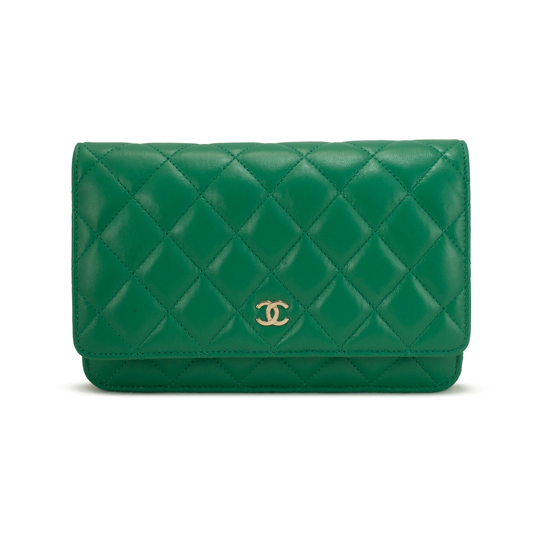 Chanel Classic Quilted Green Lambskin Wallet on Chain With Gold Hardware Bag