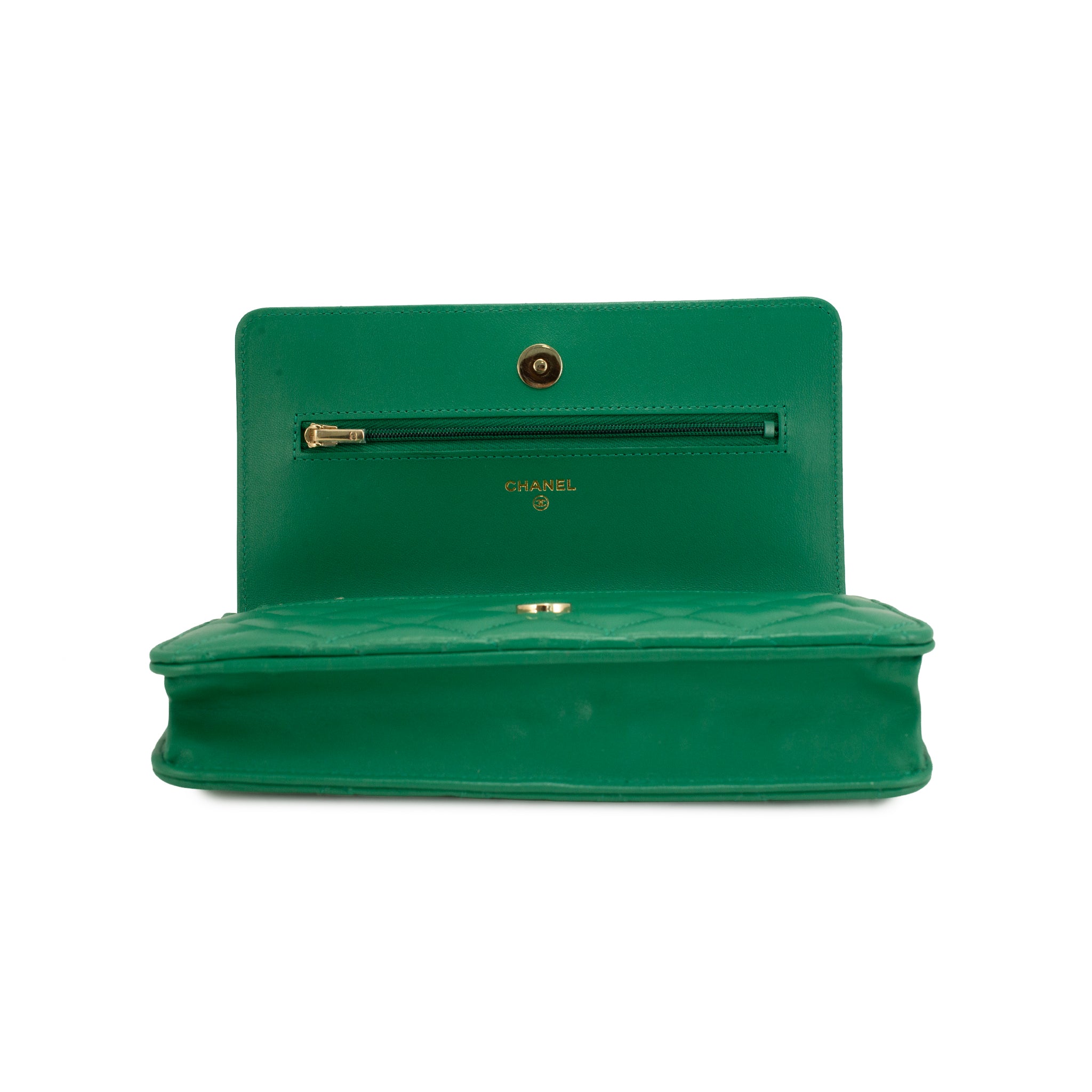 Chanel Classic Quilted Green Lambskin Wallet on Chain With Gold Hardware Bag