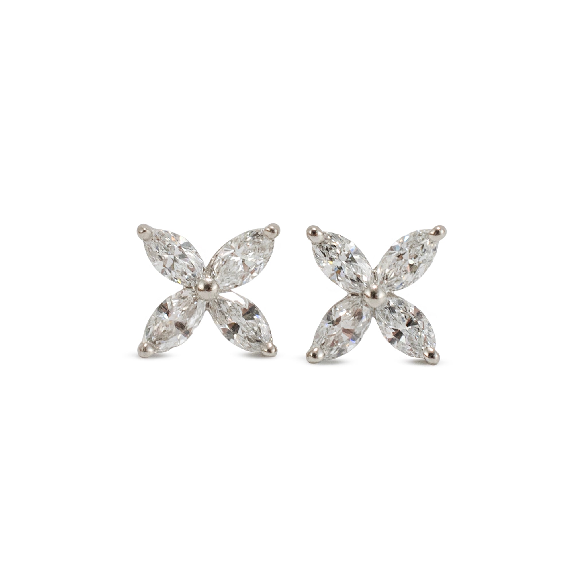 Ladies 950 Platinum 1.25ct Diamond Marquise Floral Flower Stud Earrings