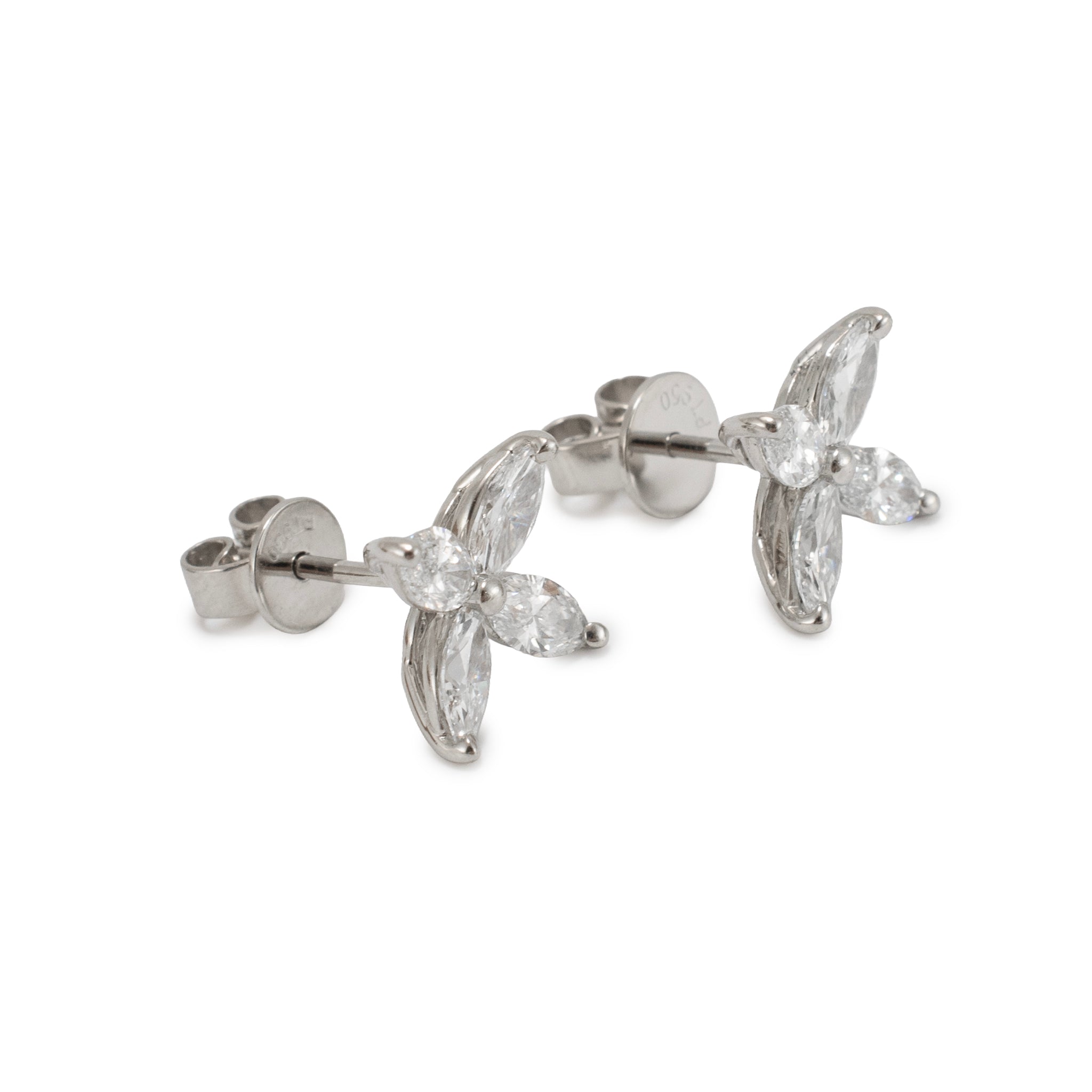 Ladies 950 Platinum 1.25ct Diamond Marquise Floral Flower Stud Earrings