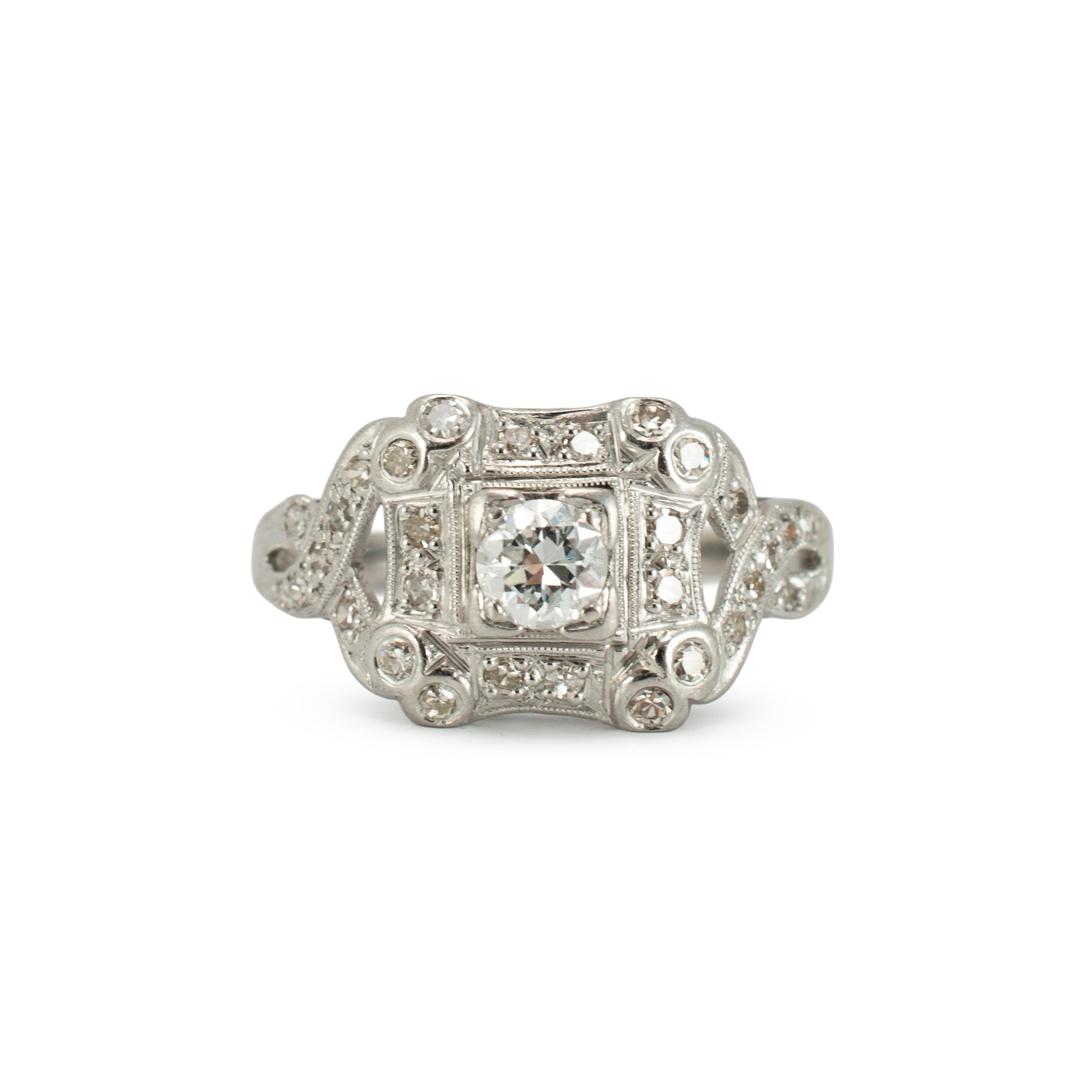 Antique Platinum 0.66ct Old European Cut Diamond Filigreed Engagement Ring