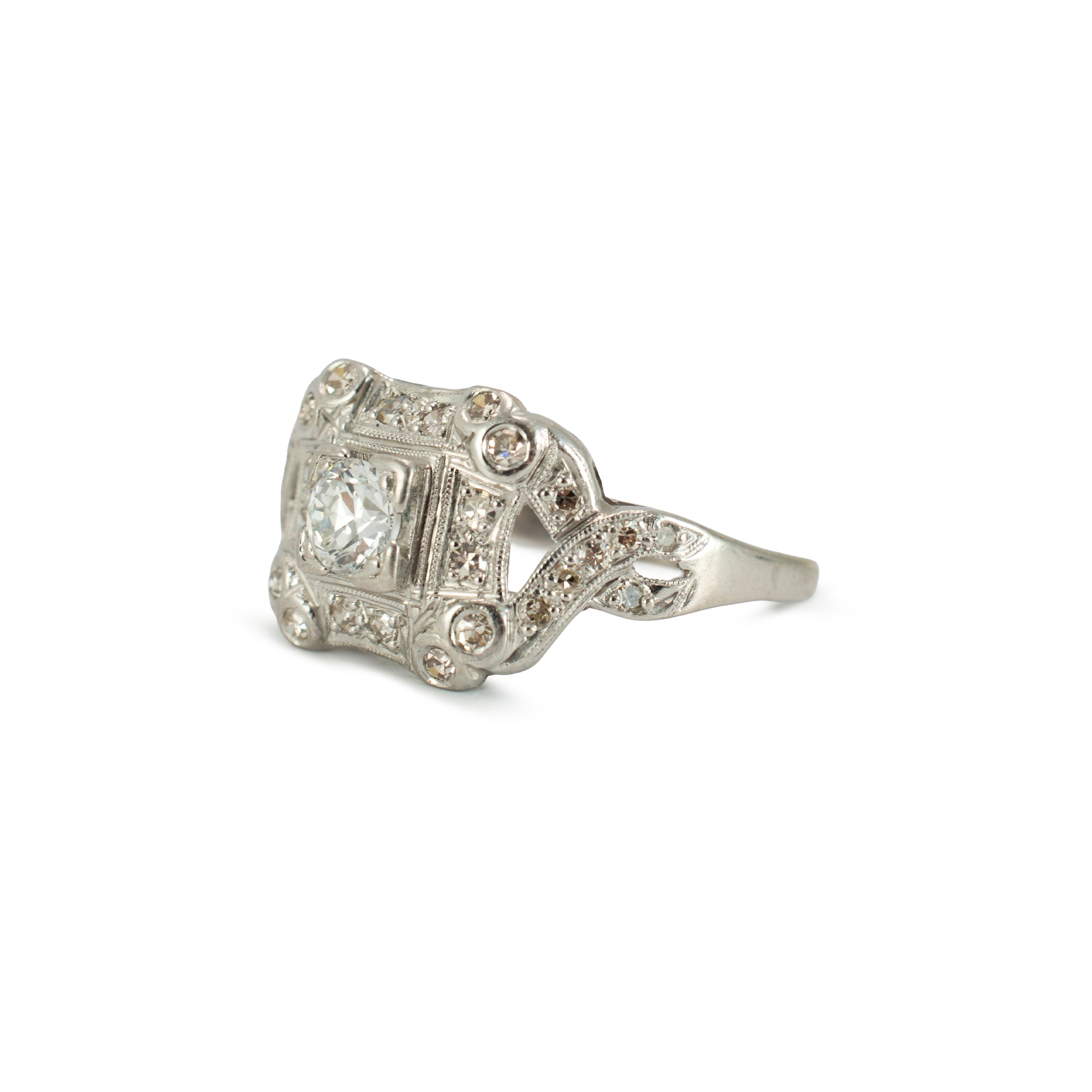 Antique Platinum 0.66ct Old European Cut Diamond Filigreed Engagement Ring