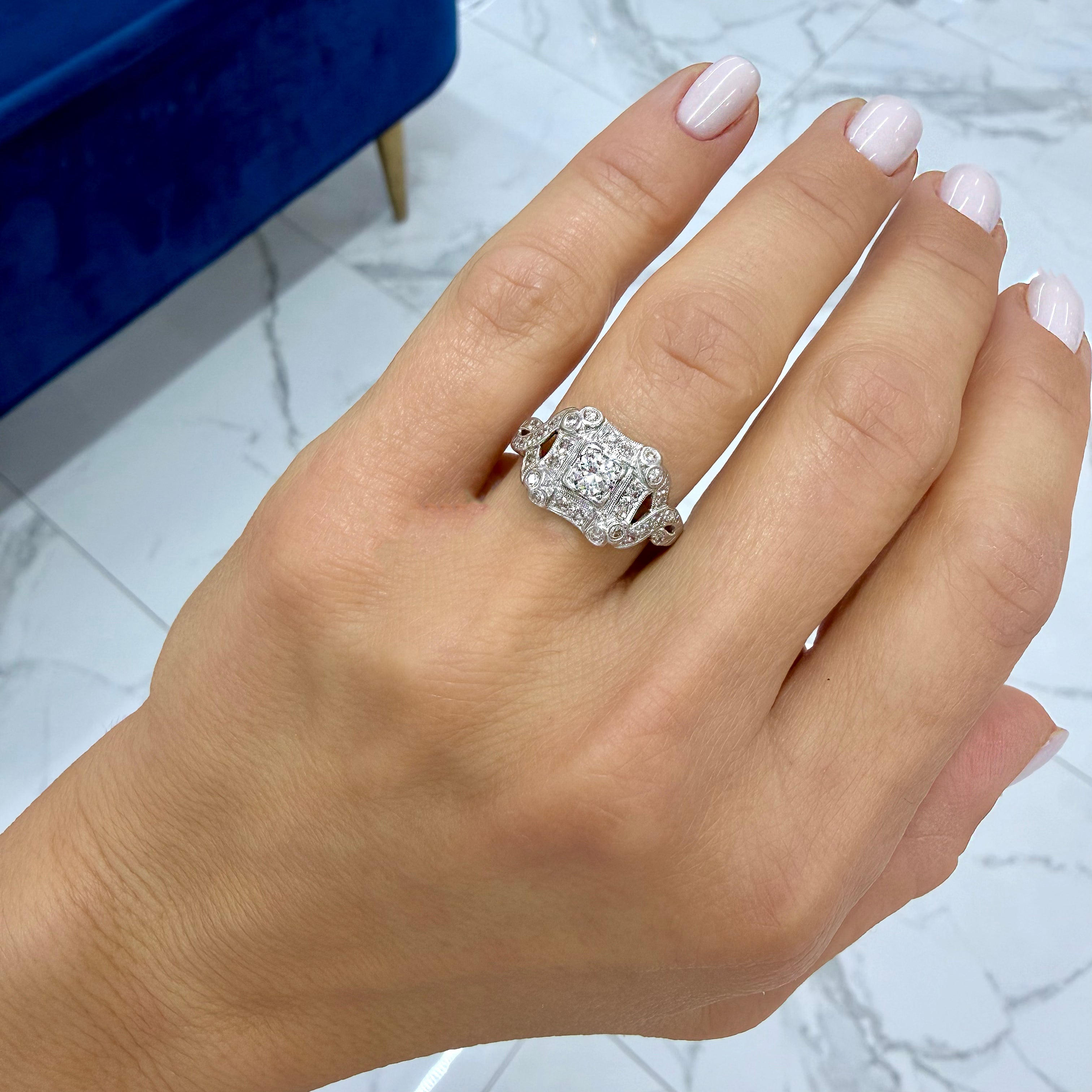 Antique Platinum 0.66ct Old European Cut Diamond Filigreed Engagement Ring