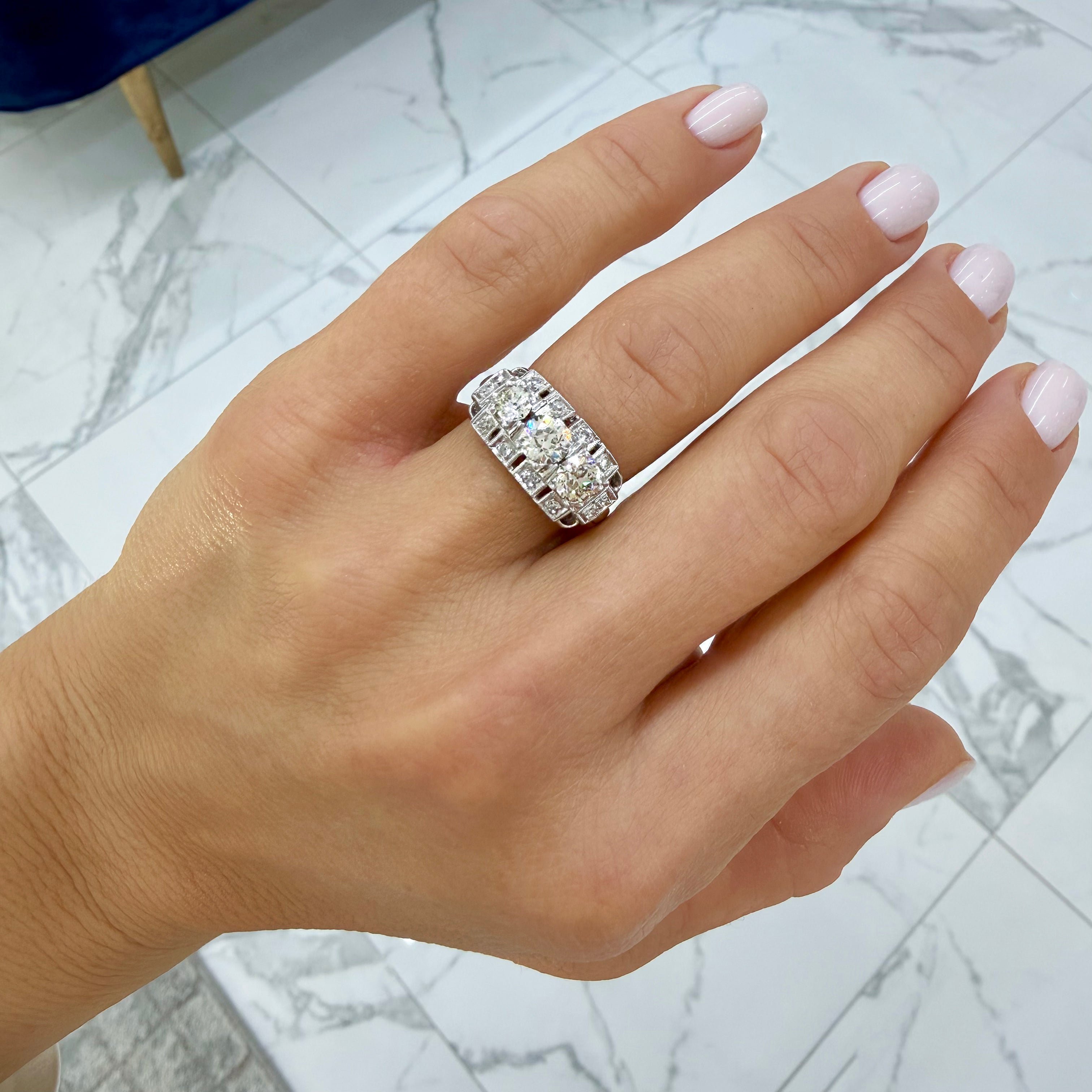 Antique Platinum 1.78ct Old European Cut Diamond Three Stone Engagement Ring