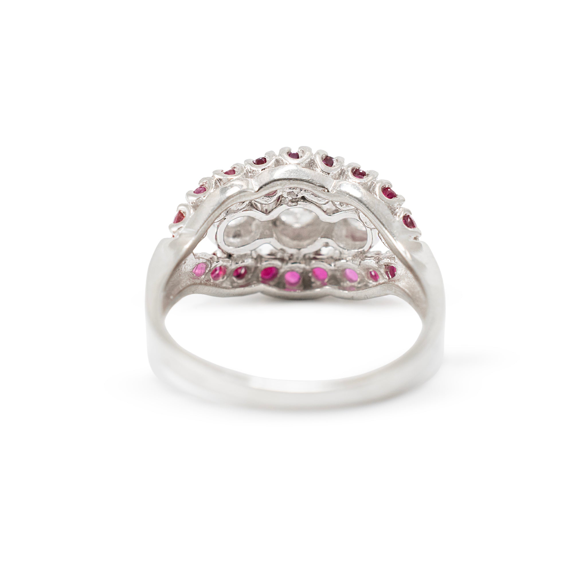 Antique 14K White Gold 1.33ctw Old Cut Diamond Ruby Three Stone Cocktail Ring