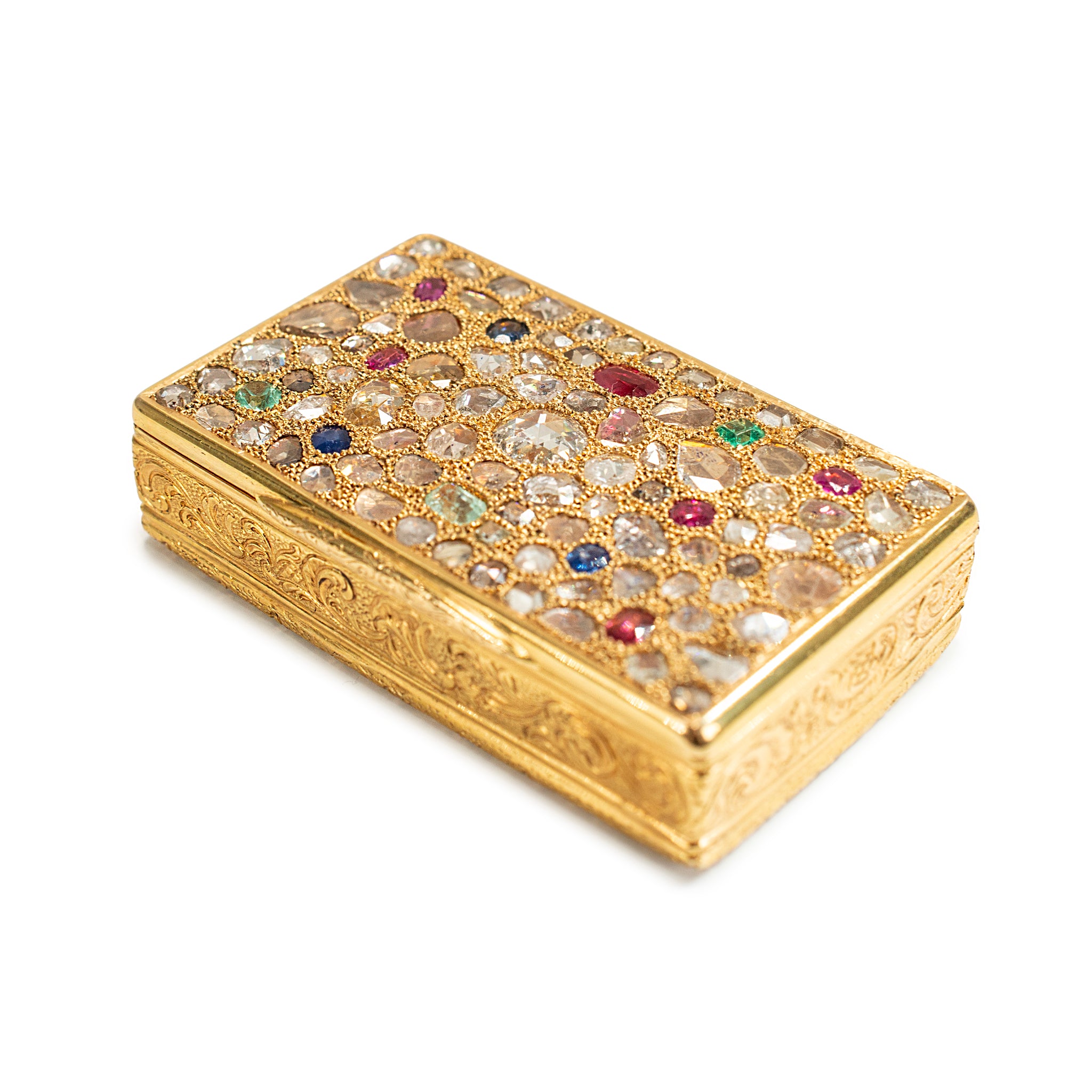 Antique Jeweled Solid 18K Gold CT Diamond Sapphire Ruby Emerald Filigree Box