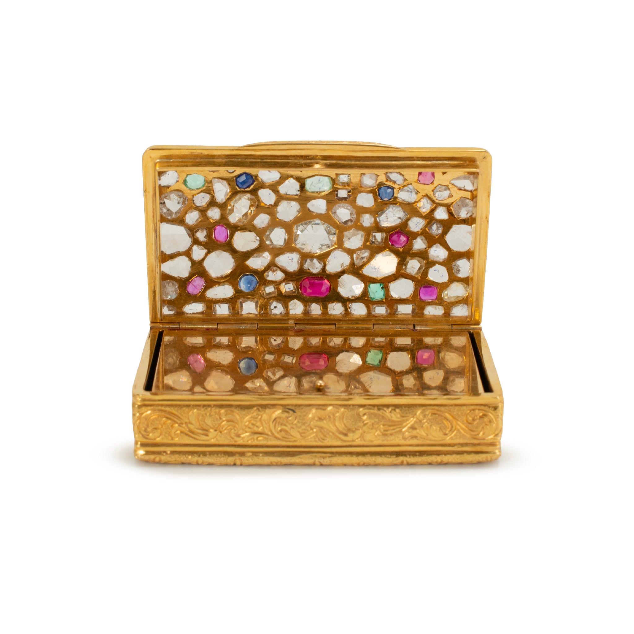 Antique Jeweled Solid 18K Gold CT Diamond Sapphire Ruby Emerald Filigree Box