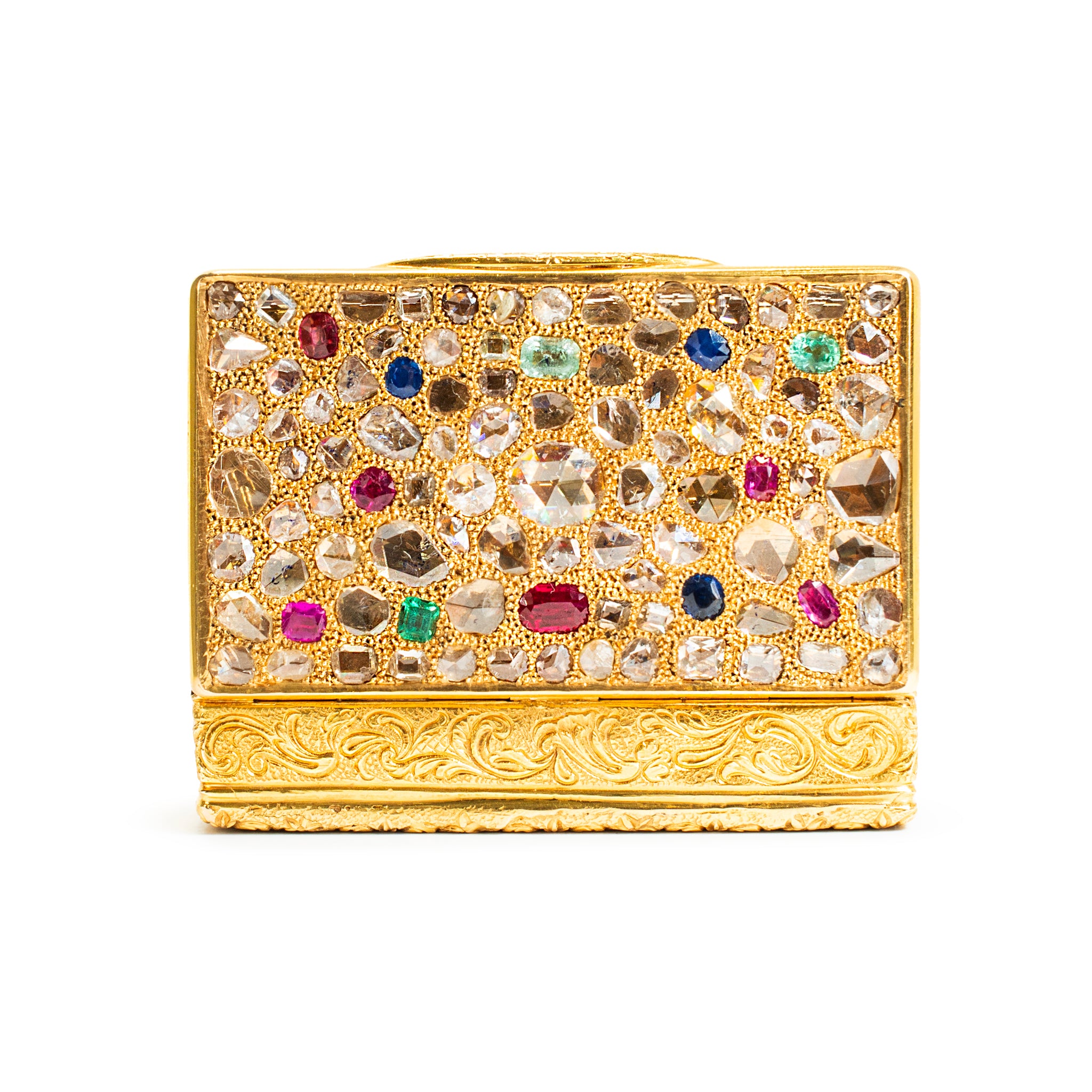 Antique Jeweled Solid 18K Gold CT Diamond Sapphire Ruby Emerald Filigree Box