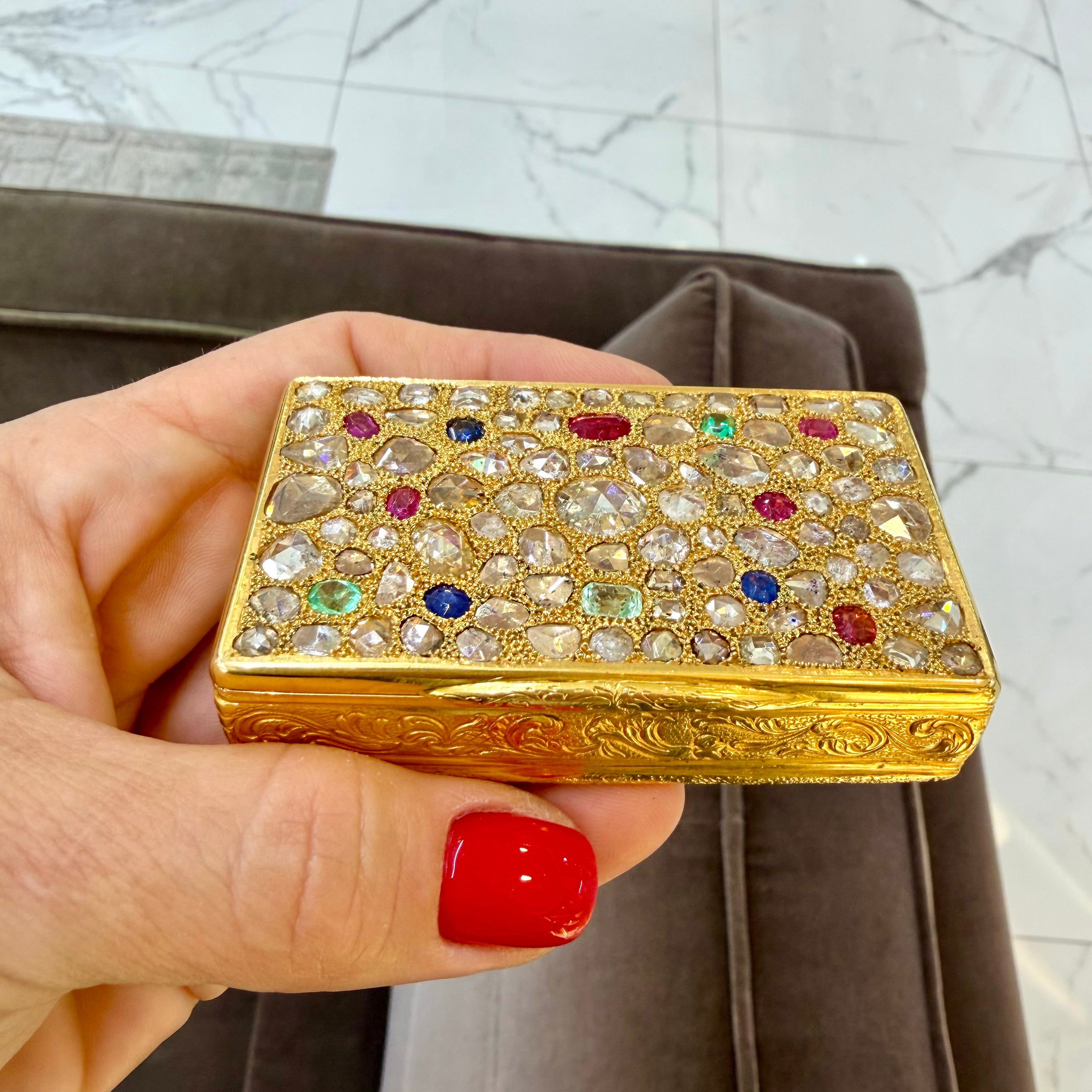 Antique Jeweled Solid 18K Gold CT Diamond Sapphire Ruby Emerald Filigree Box