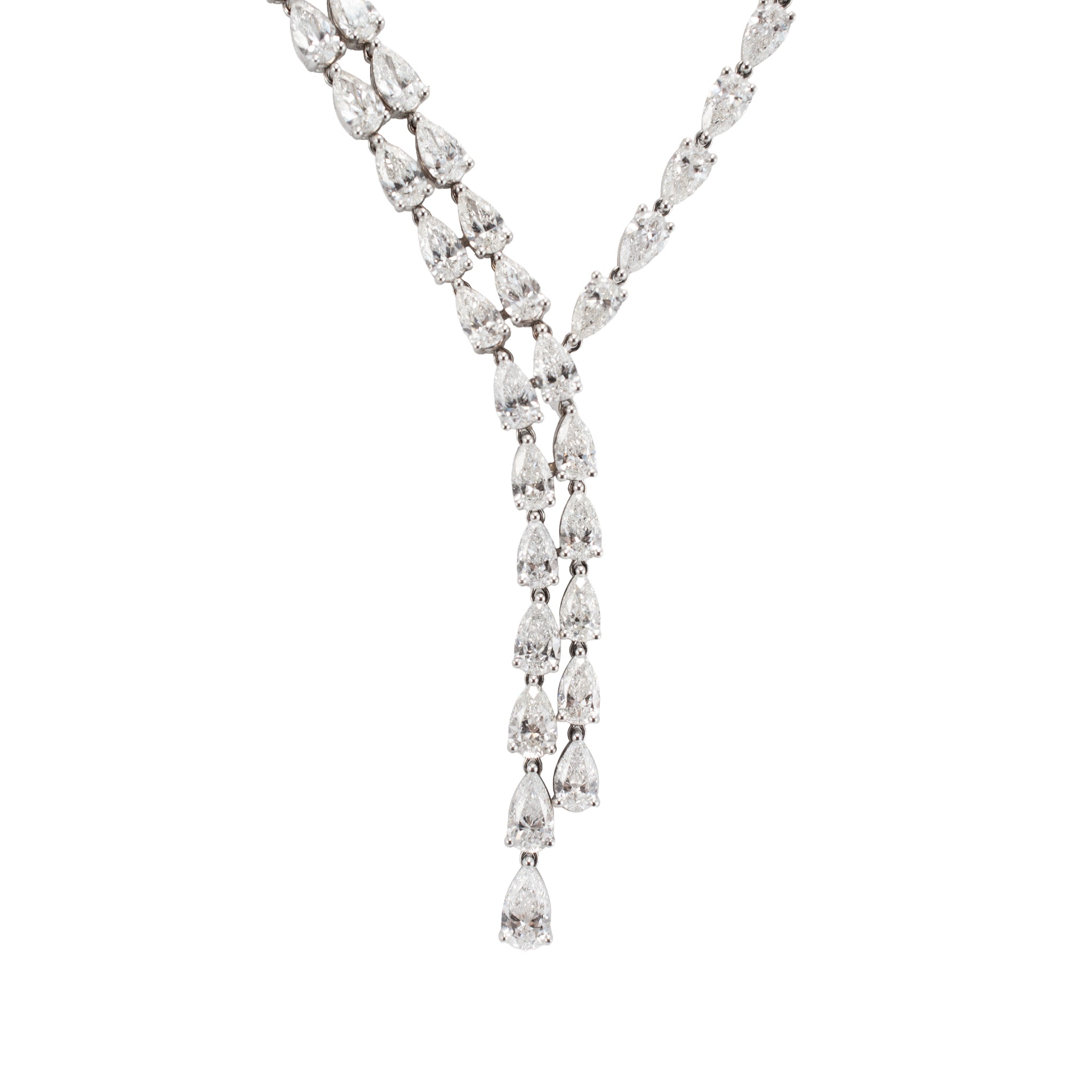 18K White Gold 28.56ct Pear Shape Diamond Tennis Graduated Lariat Necklace
