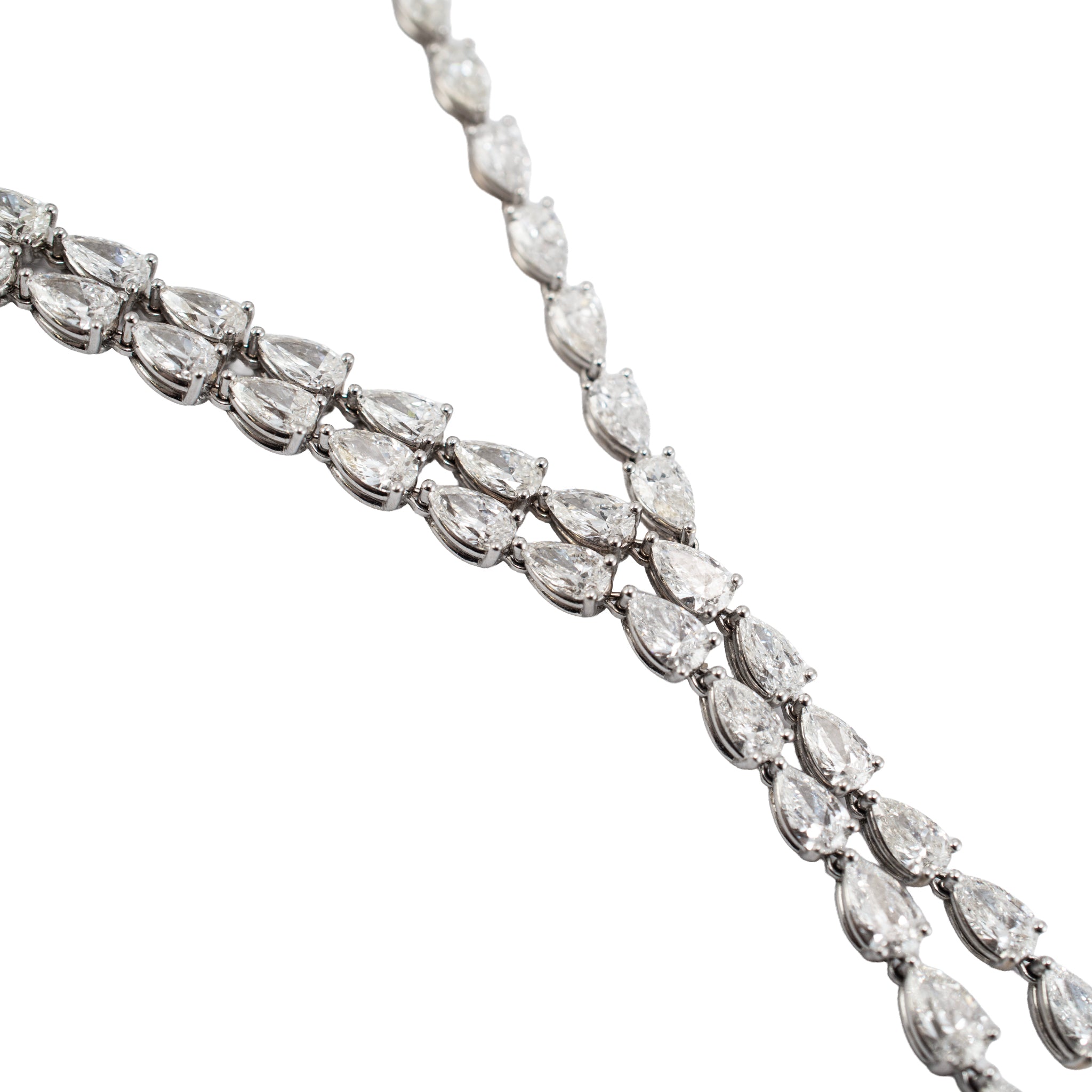 18K White Gold 28.56ct Pear Shape Diamond Tennis Graduated Lariat Necklace