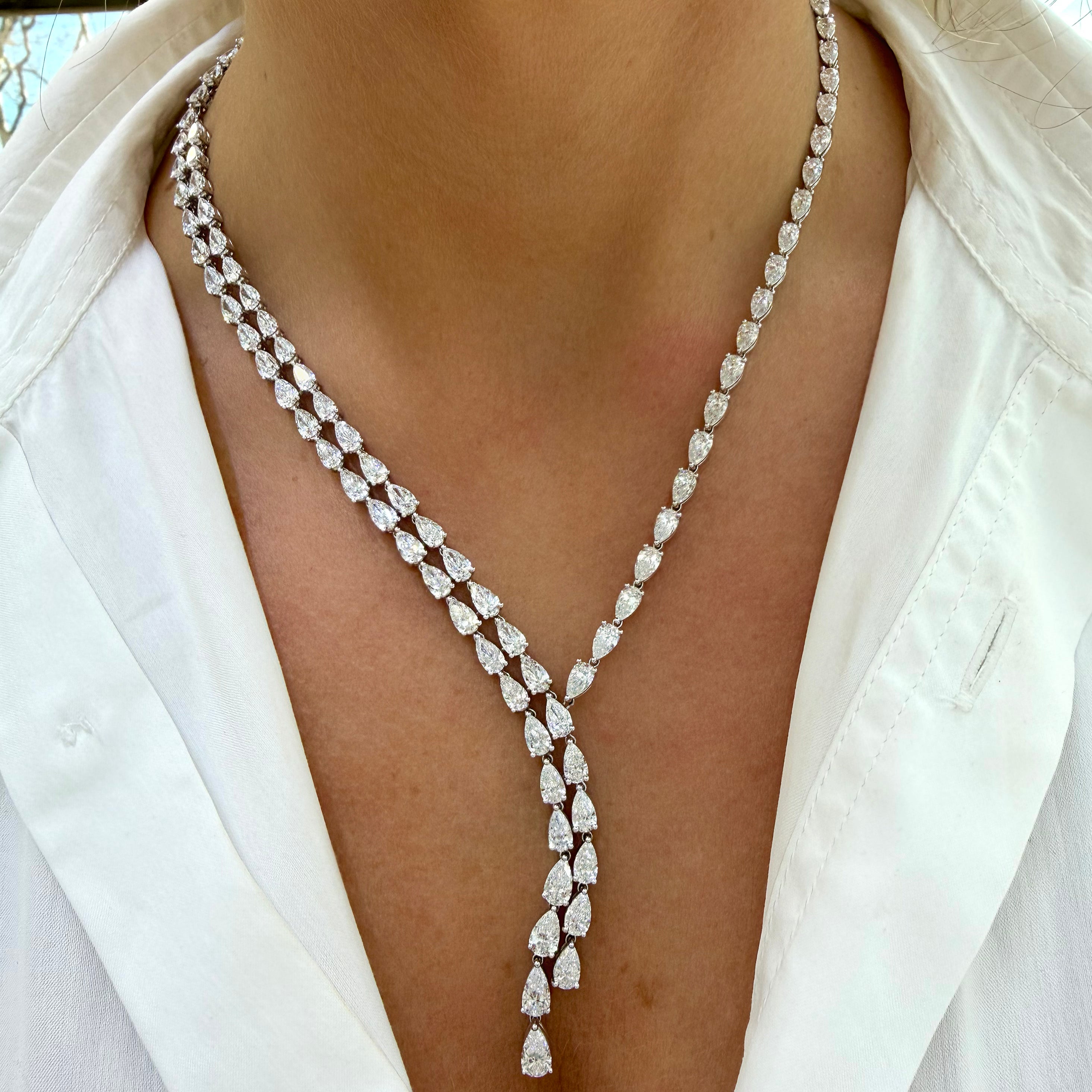 18K White Gold 28.56ct Pear Shape Diamond Tennis Graduated Lariat Necklace