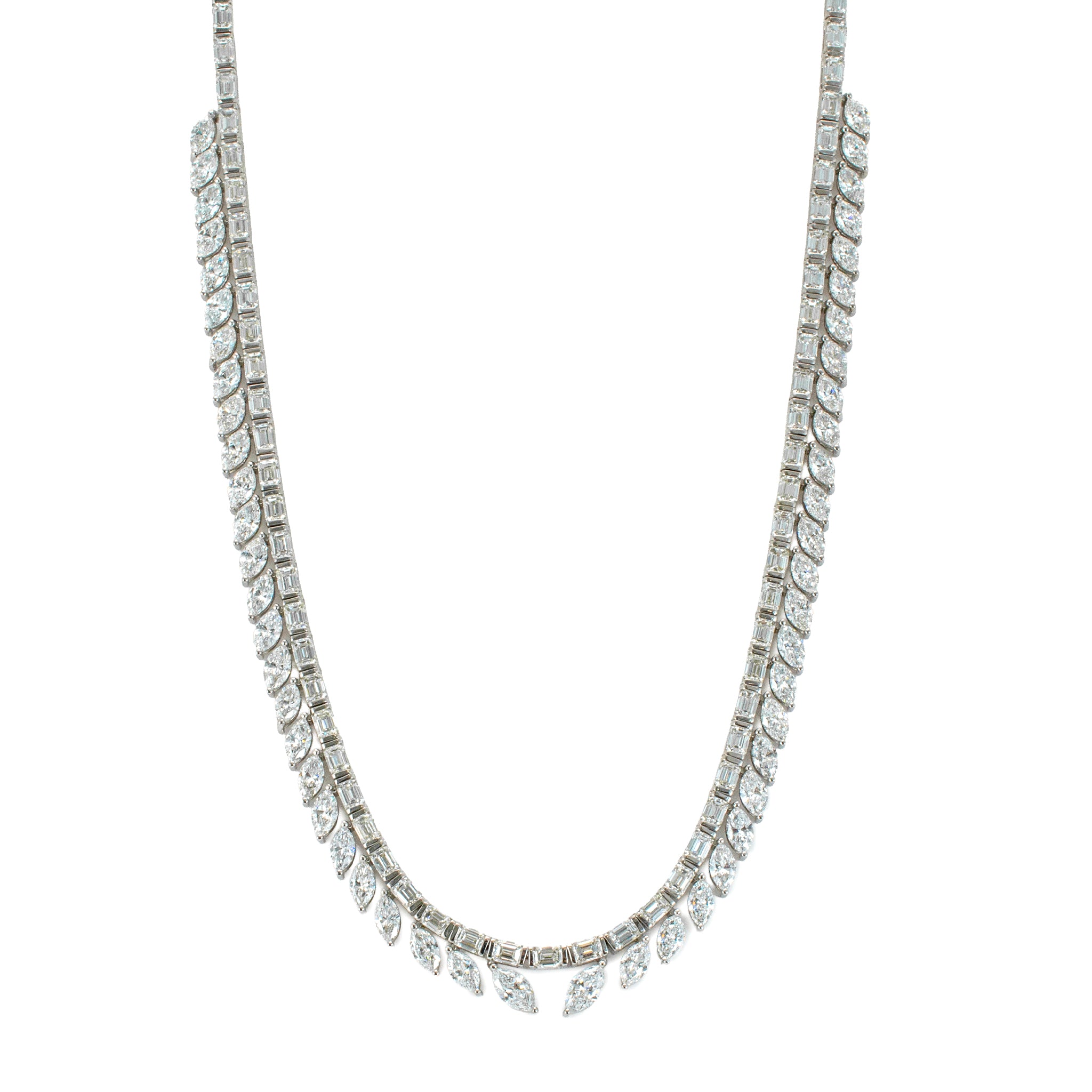 18K White Gold 23.68ct Baguette Marquee Tennis Graduated Red Carpet Necklace
